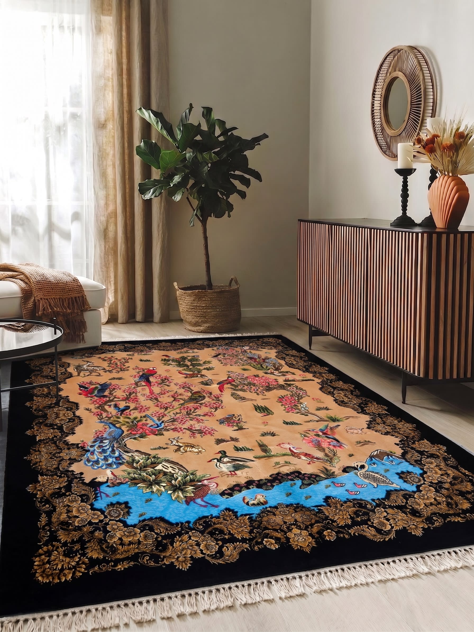Qom Tree of Life Ebony, Qom, Iran bespoke rug, in camel, Viscose, 91x152 cm, Nasim Carpets Malaysia — view 2