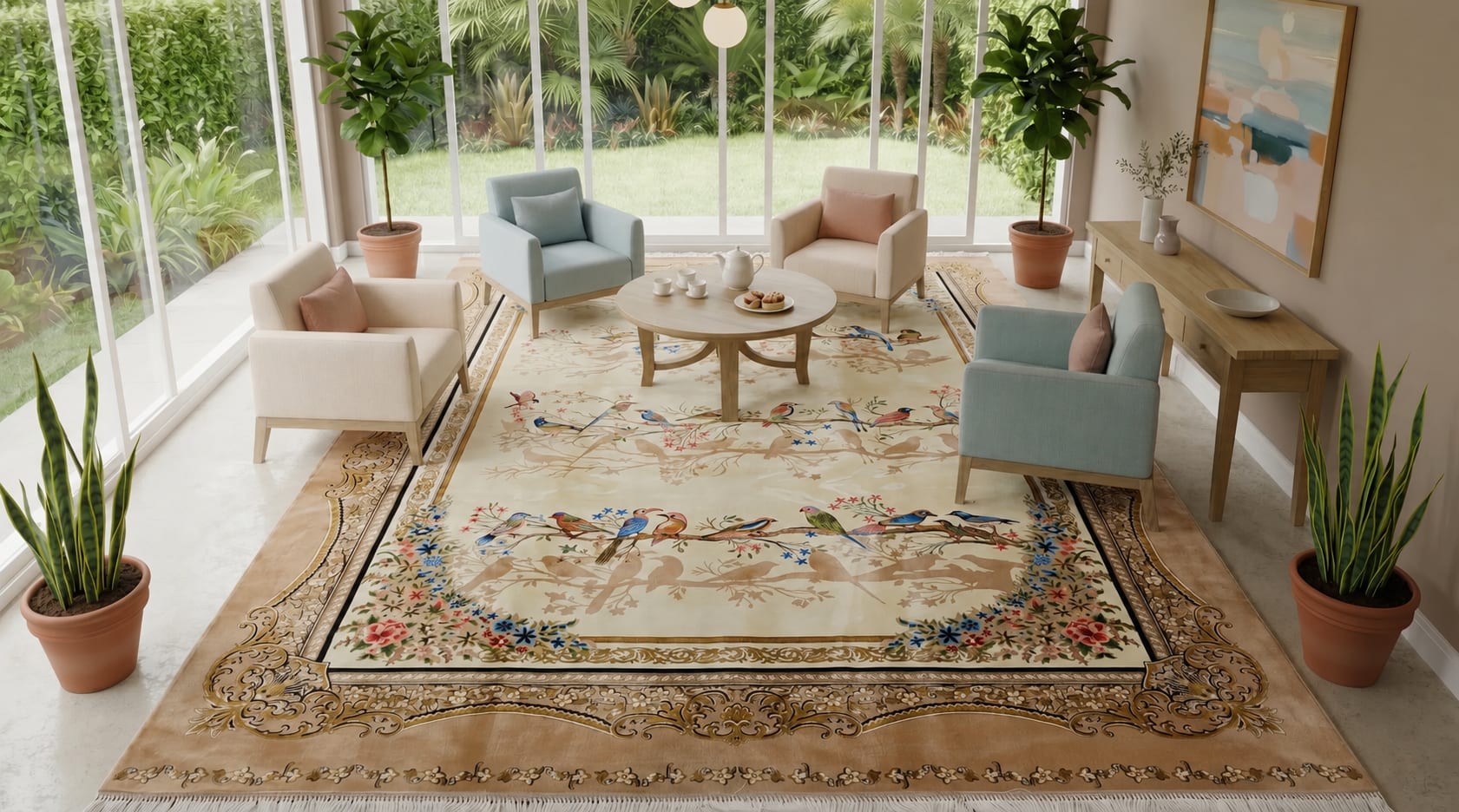 Qom Aviary Garden Ivory, Qom, Iran bespoke rug, in ivory, Wool, 91x152 cm, Nasim Carpets Malaysia — view 2
