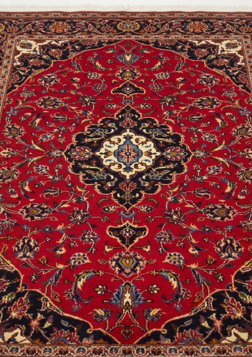 Kashan Medallion Red, Kashan, Iran persian rug, in crimson red, Wool, 146x213 cm, Nasim Carpets Malaysia — view 3