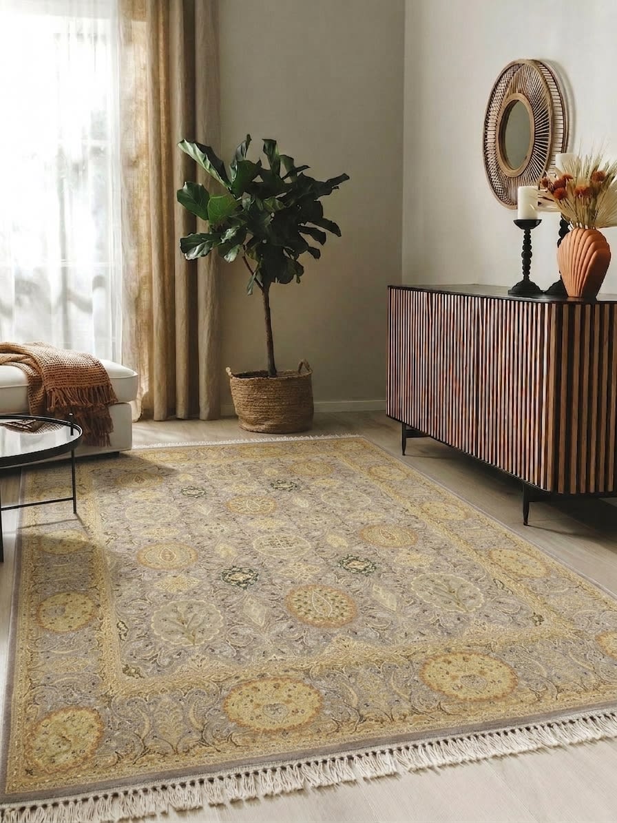 Isfahan Medallion Compartment Gold, Iran persian rug, in champagne gold, Wool, 274x381 cm, Nasim Carpets Malaysia — view 2