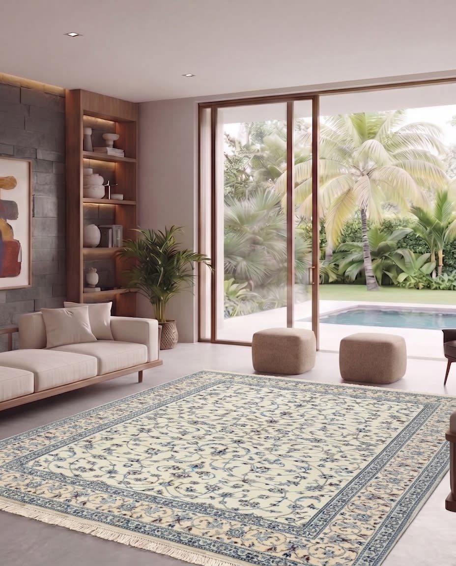 Nain Blue Vine Ivory, Nain persian rug, in ivory, Silk and Wool, 244x305 cm, Nasim Carpets Malaysia — view 2