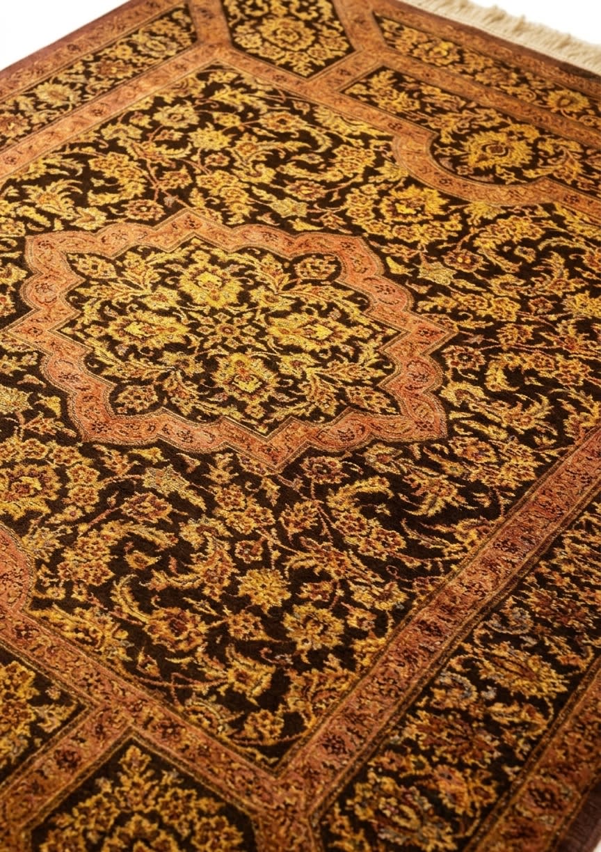 Qum Silk Golden Medallion, Qum persian rug, in gold, Pure Silk, 91x152 cm, Nasim Carpets Malaysia — view 3