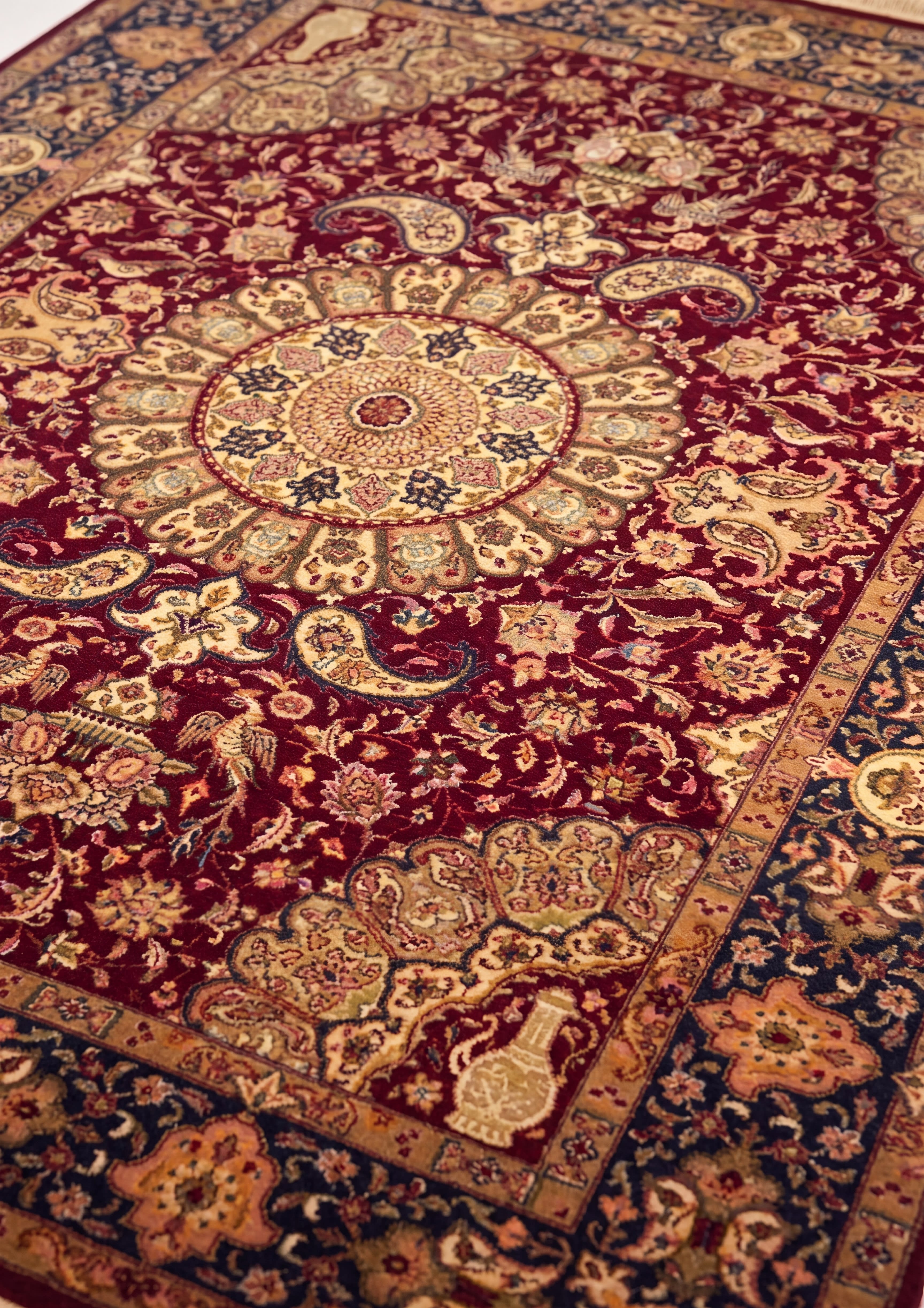Qum Silk Floral Medallion with Bird & Vase Motifs, Qum persian rug, in burgundy, Pure Silk, 91x152 cm, Nasim Carpets Malaysia — view 3