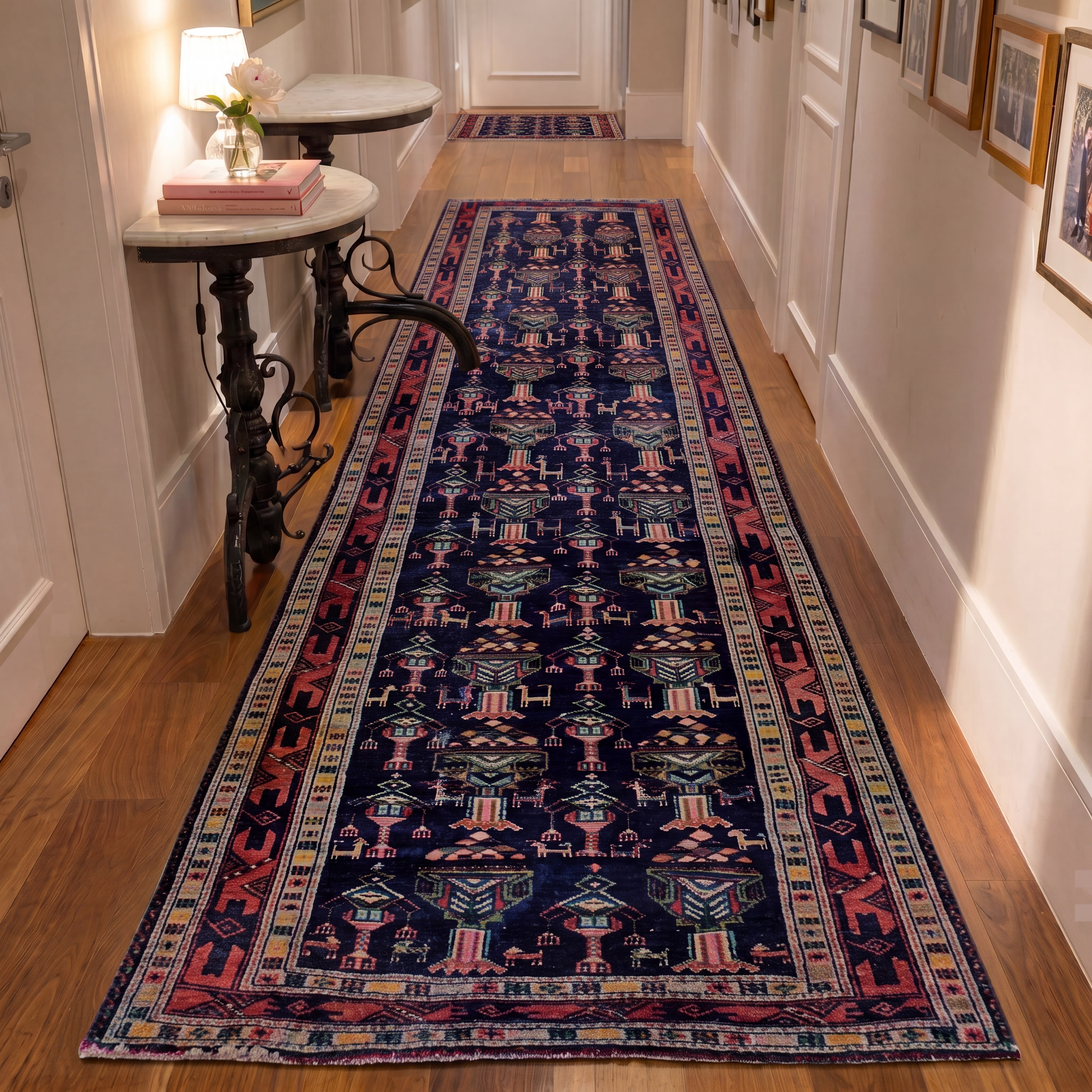 Afghan Tribal Vase Navy Runner, Afghanistan tribal rug, in indigo navy, Wool, 119x299 cm, Nasim Carpets Malaysia — view 2