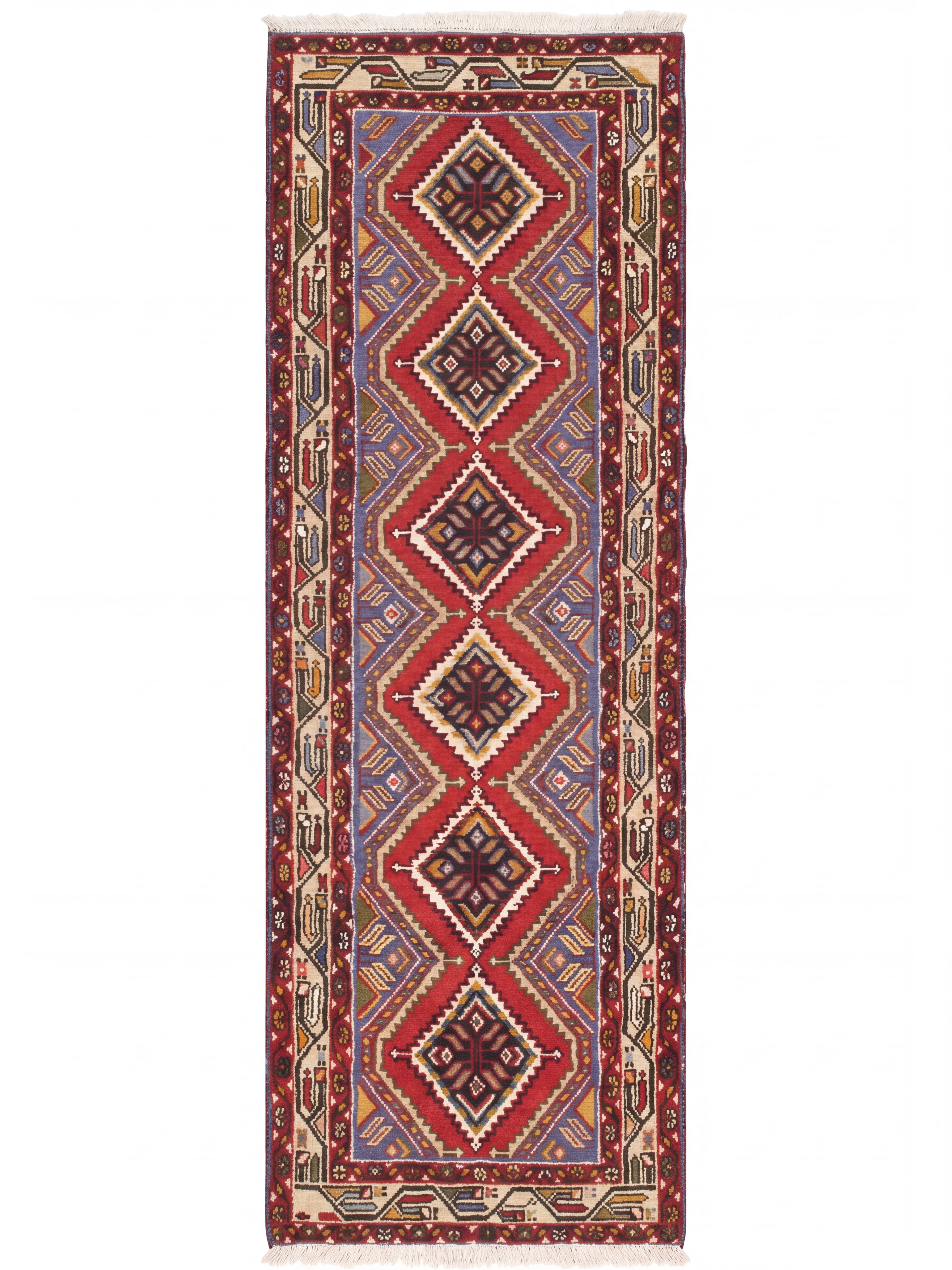 Hamadan Stepped Diamond Red Runner, Hamadan tribal rug, in madder red, Wool, 79x326 cm, Nasim Carpets Malaysia — view 1