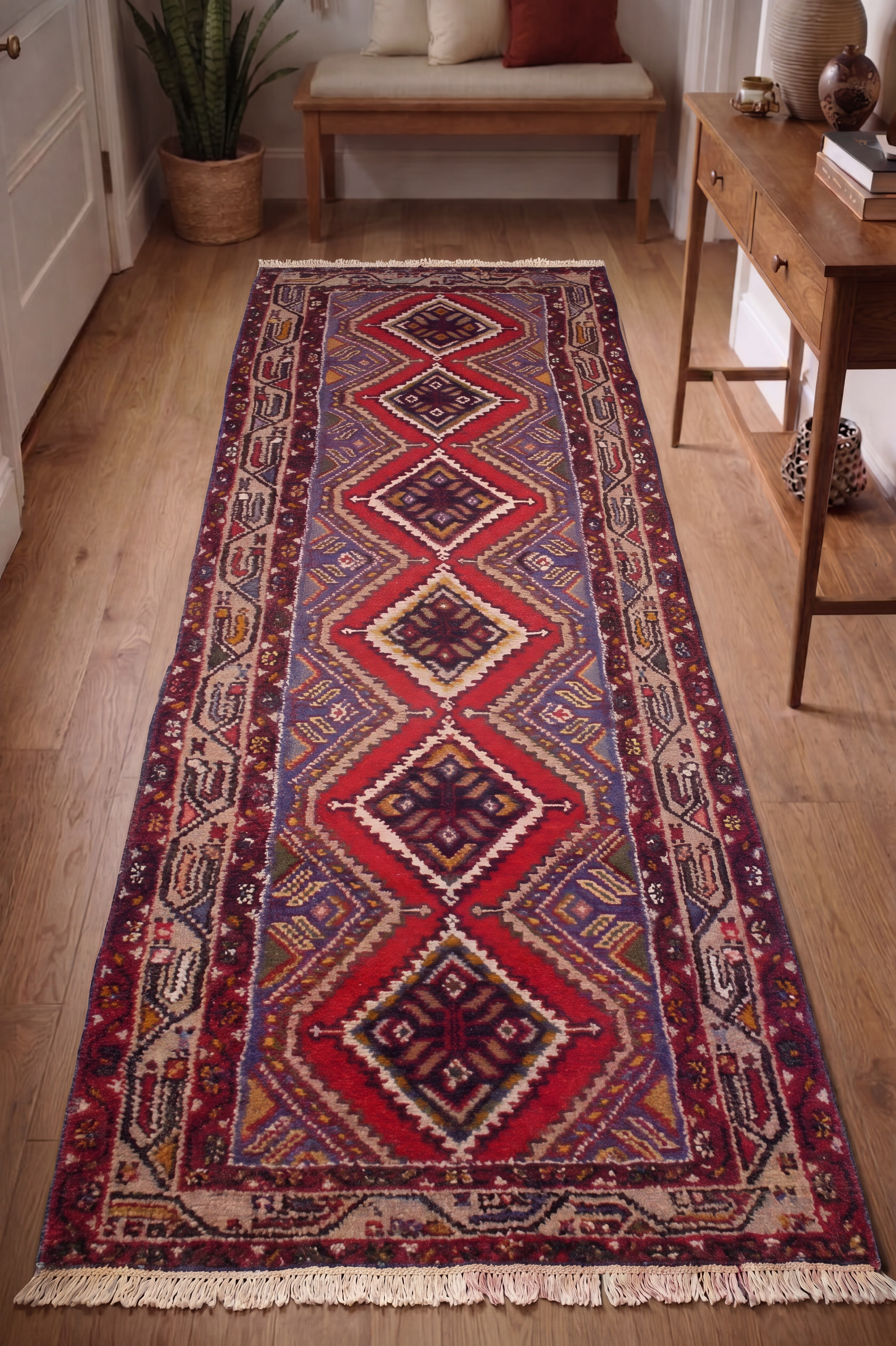 Hamadan Stepped Diamond Red Runner, Hamadan tribal rug, in madder red, Wool, 79x326 cm, Nasim Carpets Malaysia — view 2