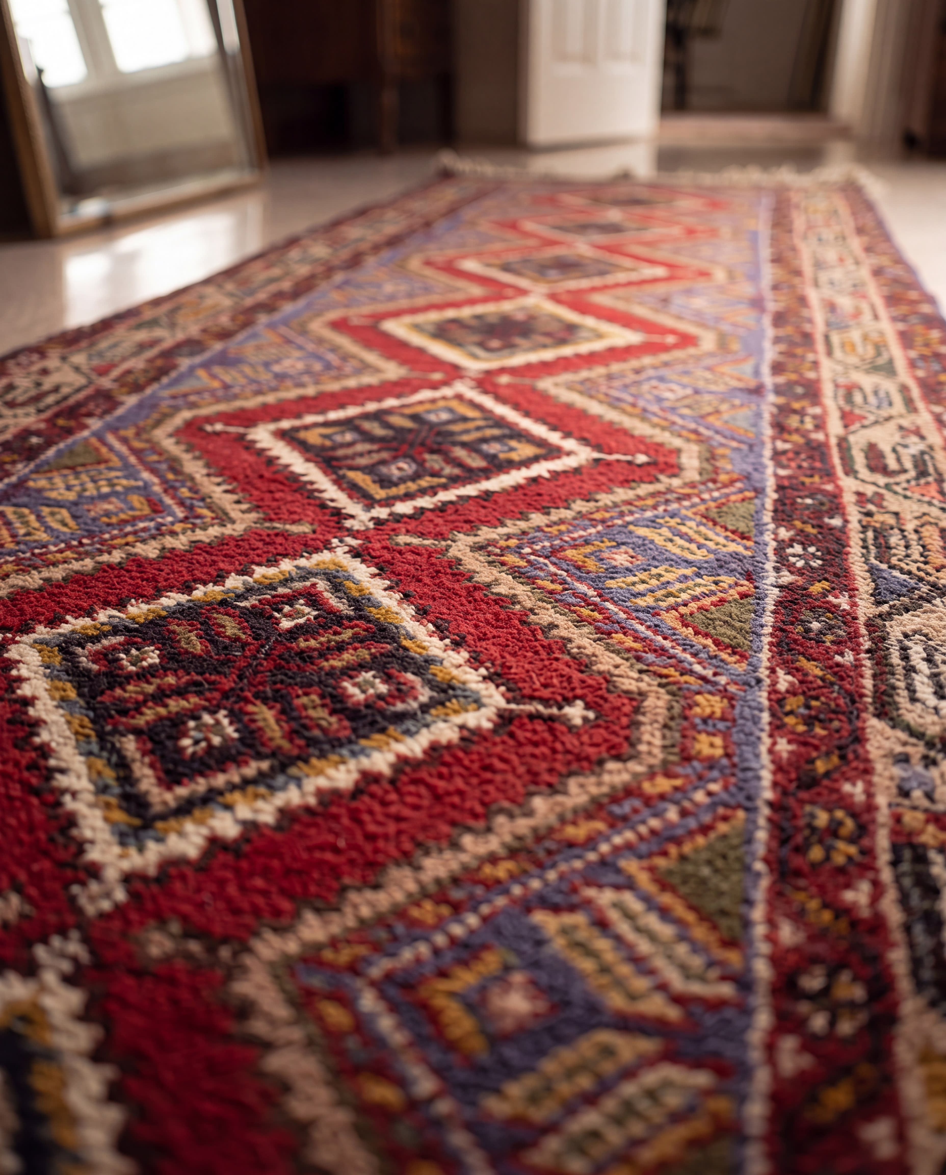 Hamadan Stepped Diamond Red Runner, Hamadan tribal rug, in madder red, Wool, 79x326 cm, Nasim Carpets Malaysia — view 3