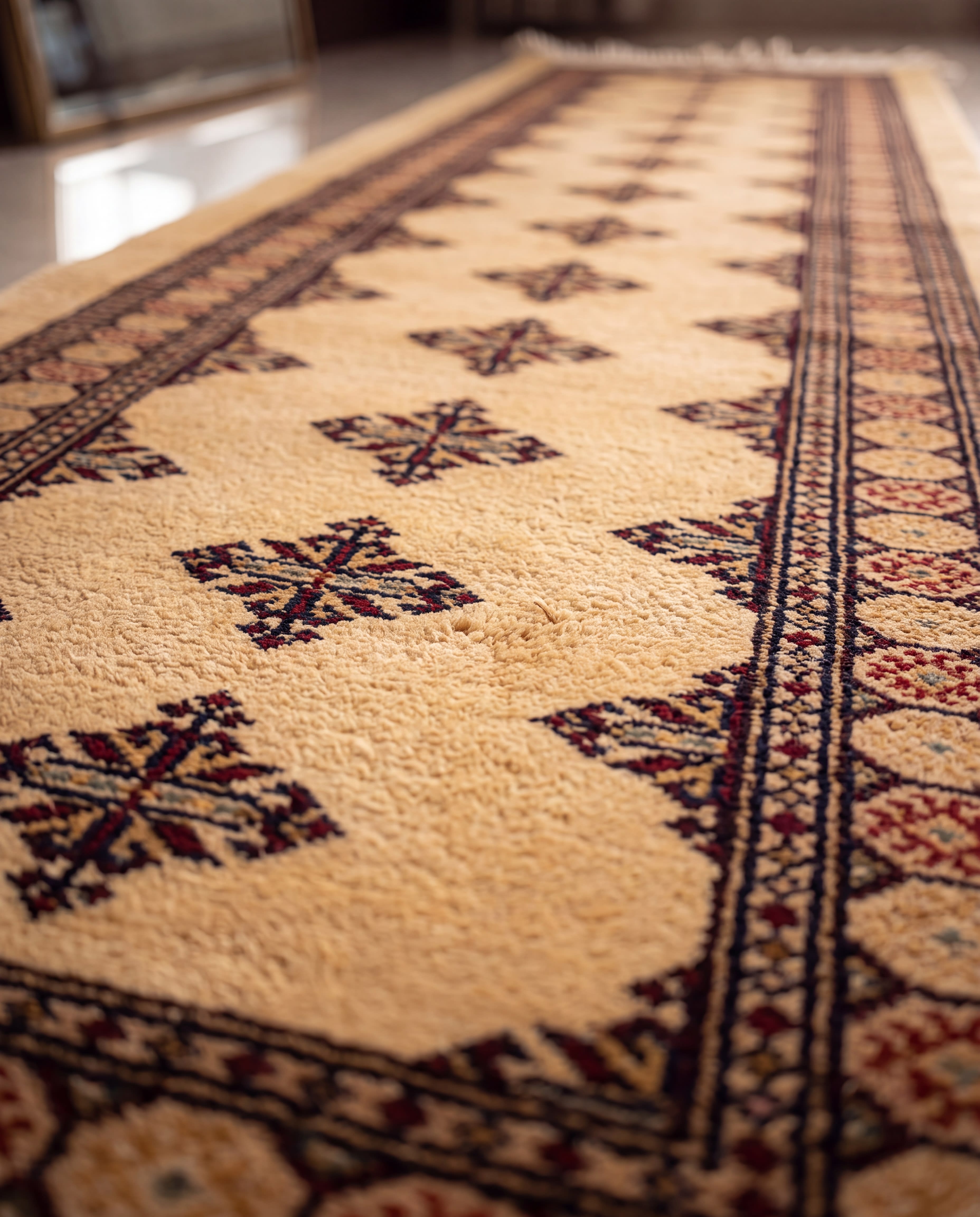 Bukhara Jaldar Cream Runner, Bukhara tribal rug, in cream, Wool, 85x280 cm, Nasim Carpets Malaysia — view 3