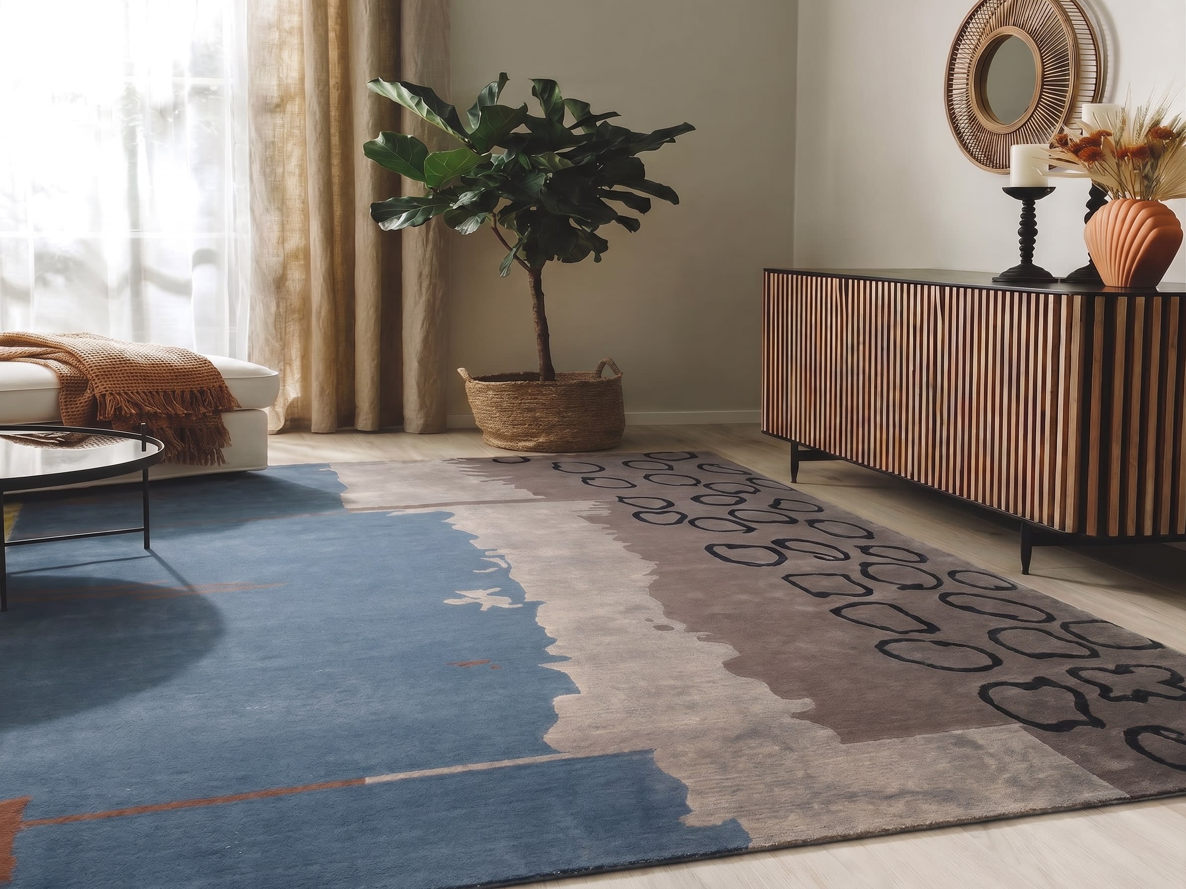 Nepali Abstract Coastal Blue, Kathmandu Valley, Nepal modern rug, in steel blue, Wool, 183x274 cm, Nasim Carpets Malaysia — view 2