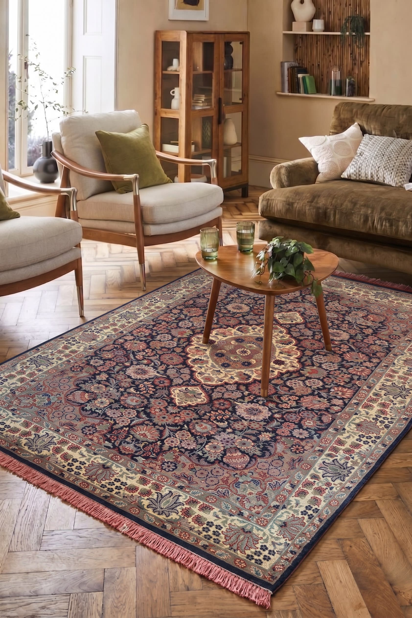 Pakistani Medallion Floral Navy, Pakistan persian rug, in midnight navy, Wool, 140x213 cm, Nasim Carpets Malaysia — view 2