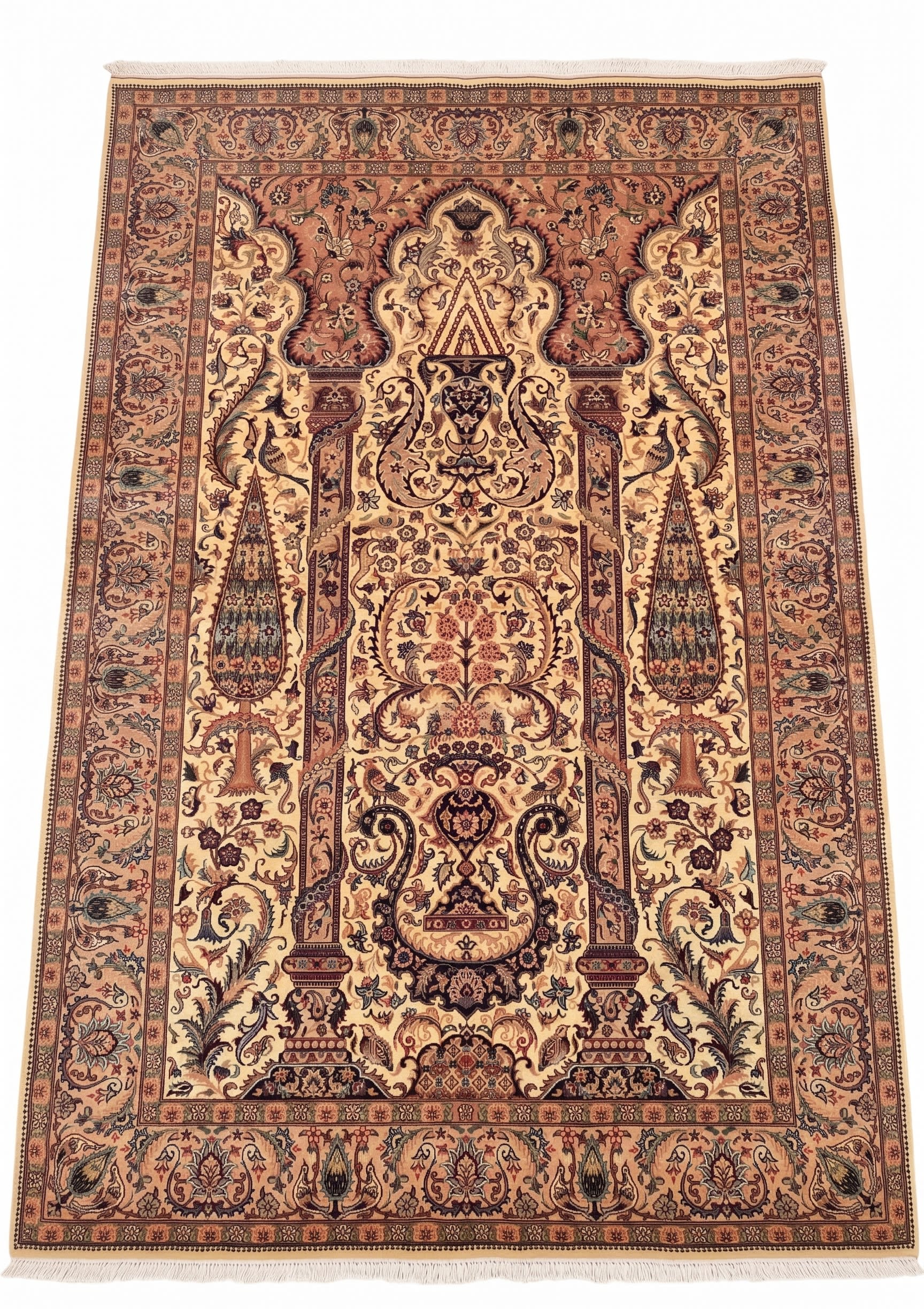 Pakistani Mihrab Tree of Life Ivory, Lahore, Pakistan persian rug, in antique ivory, Wool, 140x213 cm, Nasim Carpets Malaysia — view 1