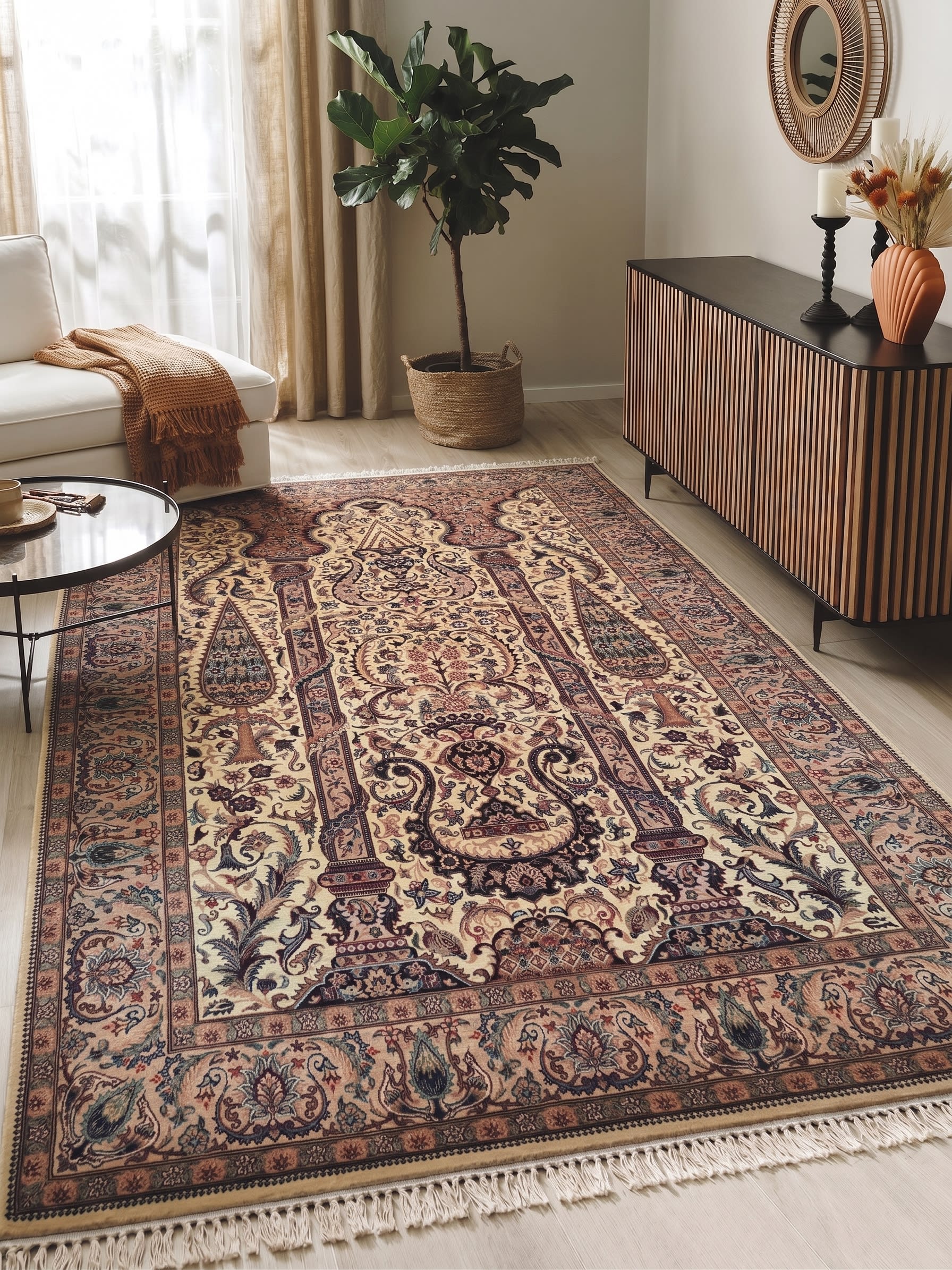 Pakistani Mihrab Tree of Life Ivory, Lahore, Pakistan persian rug, in antique ivory, Wool, 140x213 cm, Nasim Carpets Malaysia — view 2