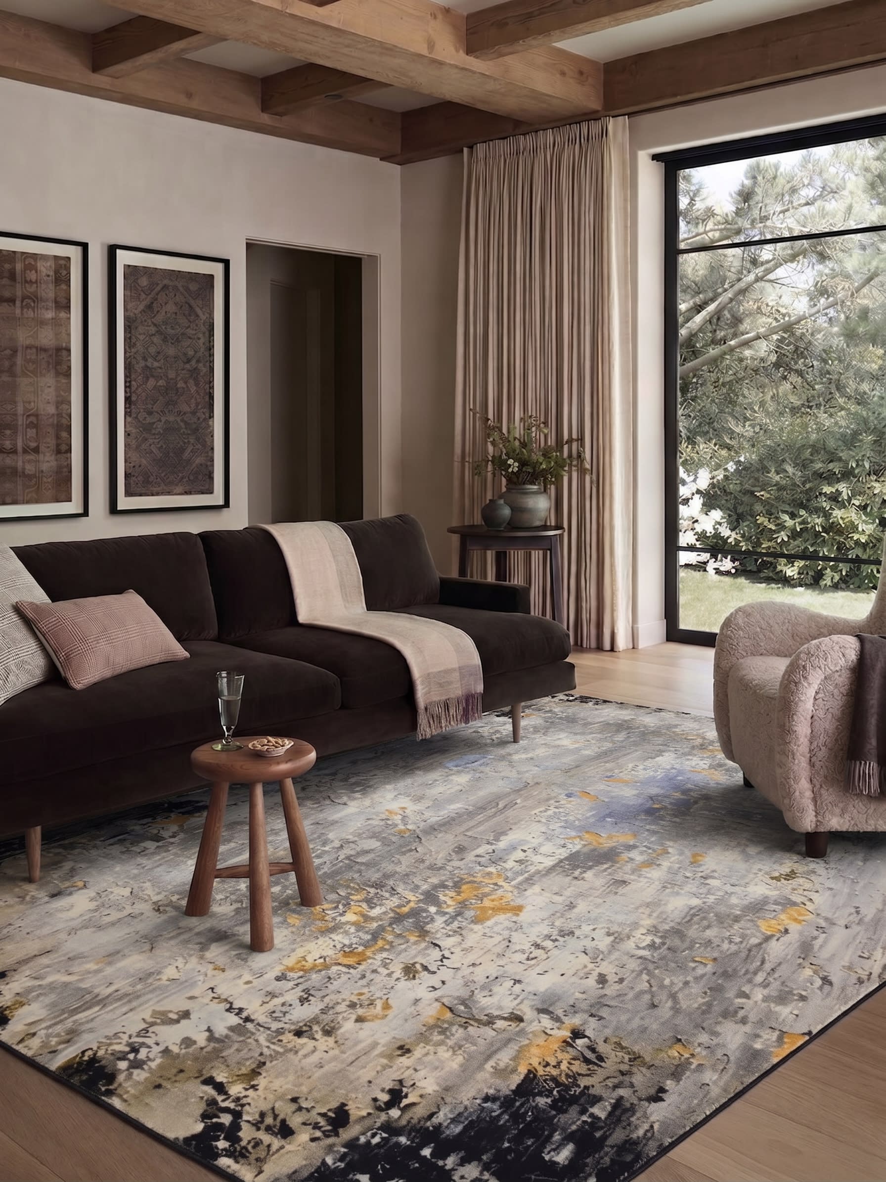 Contemporary Abstract Distressed Silver Gold, Contemporary, likely India (Jaipur) modern rug, in ash silver, Wool, 152x244 cm, Nasim Carpets Malaysia — view 2