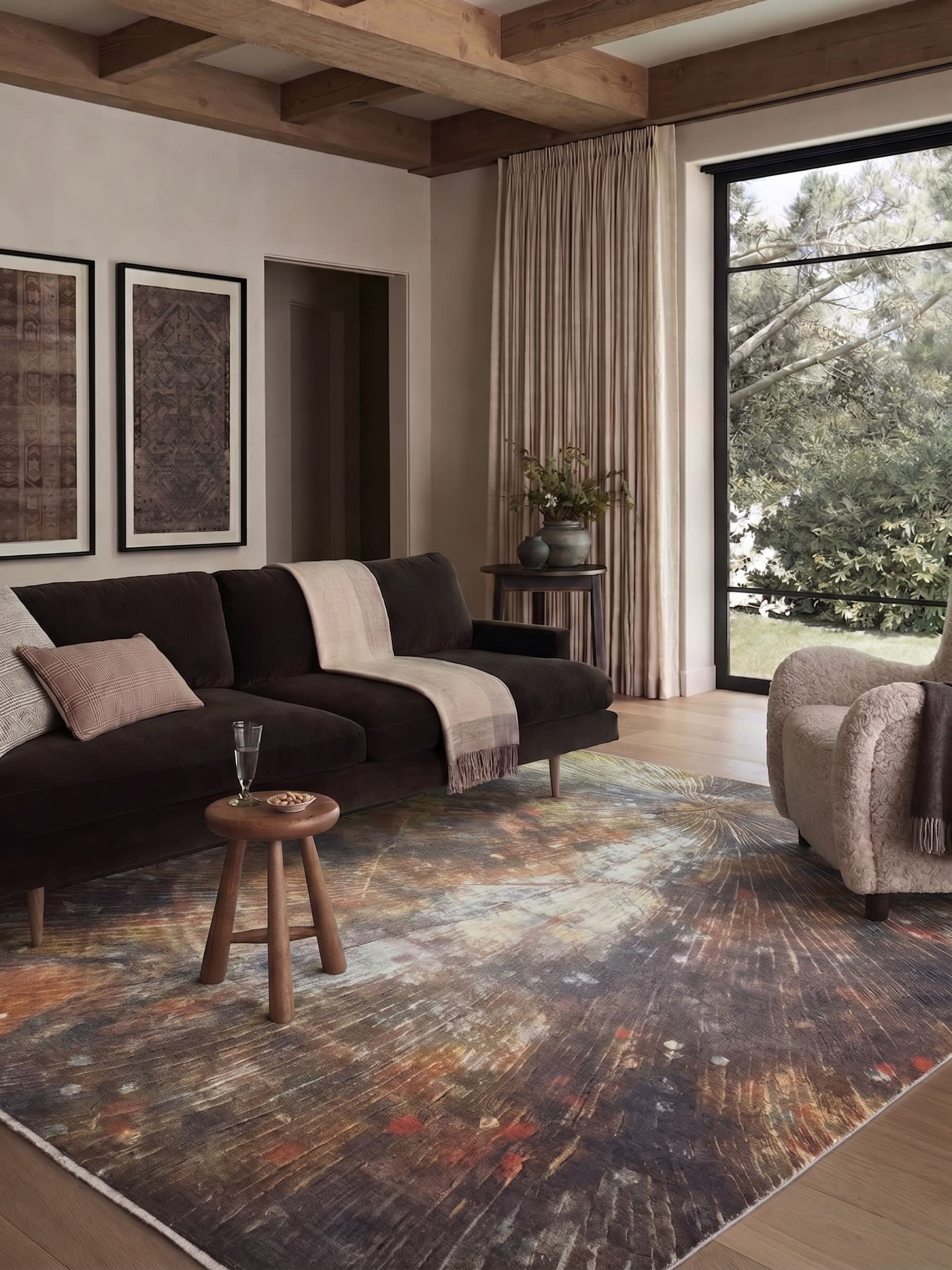 Contemporary Abstract Sunburst Umber, India (Indo-modern / art rug workshop) modern rug, in umber brown, Wool, 152x244 cm, Nasim Carpets Malaysia — view 2