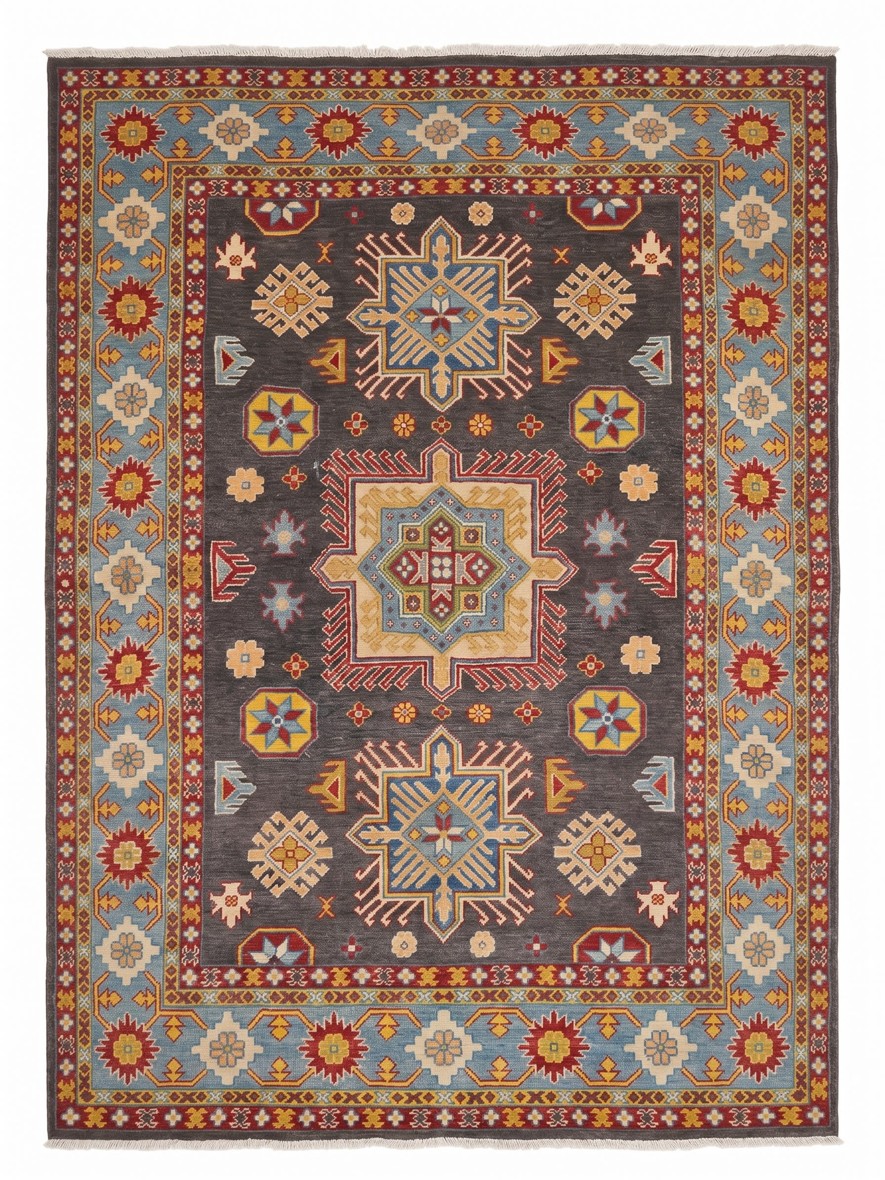 Kazak Medallion Charcoal, Caucasian-style, Afghan-Kazak (likely Kabul or Ghazni province, Afghanistan) tribal rug, in charcoal grey, Wool, 171x244 cm, Nasim Carpets Malaysia — view 1