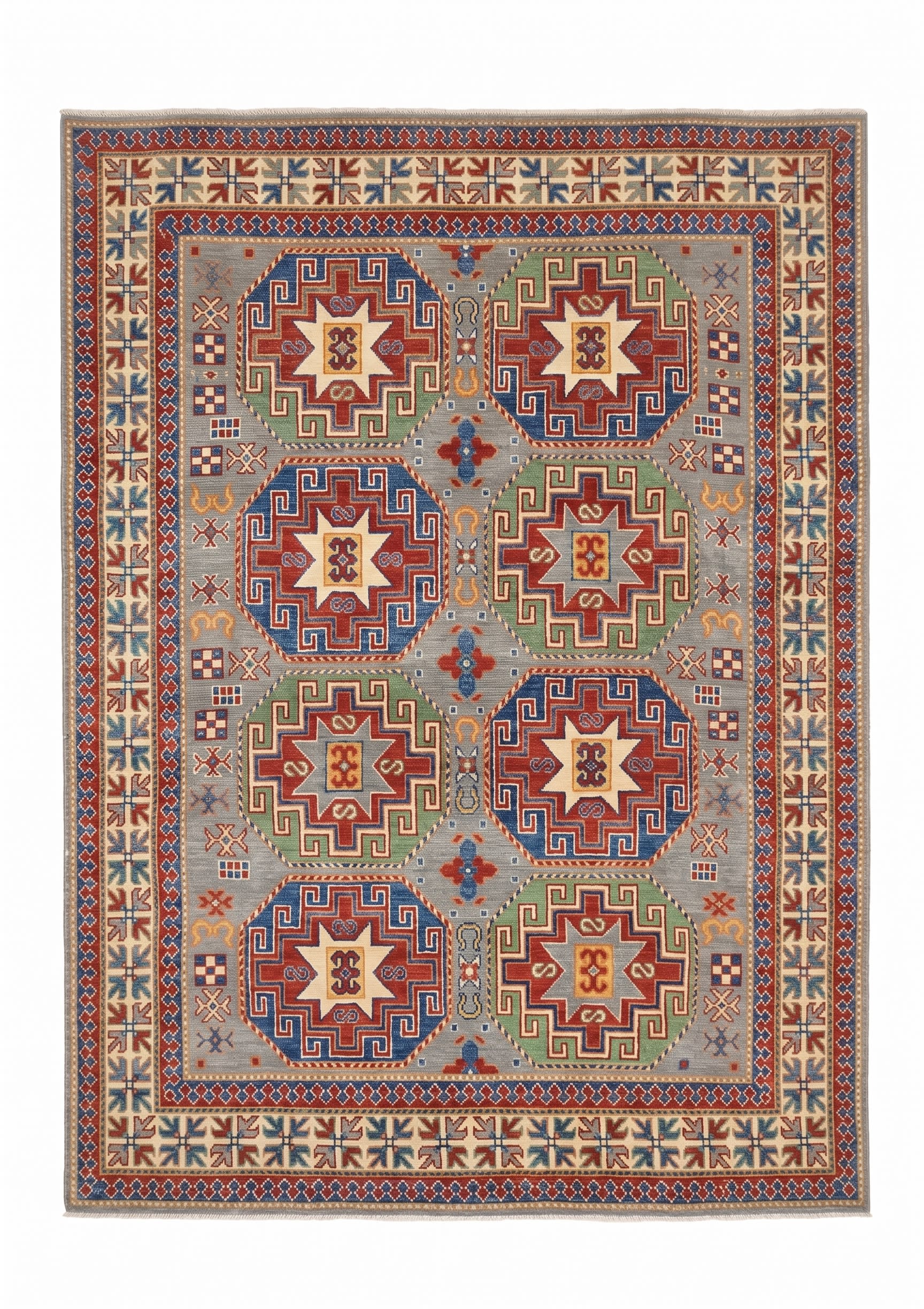 Kazak Medallion Star Grey, Caucasian Kazak, Afghanistan (revival weaving) tribal rug, in slate grey, Wool, 171x244 cm, Nasim Carpets Malaysia — view 1