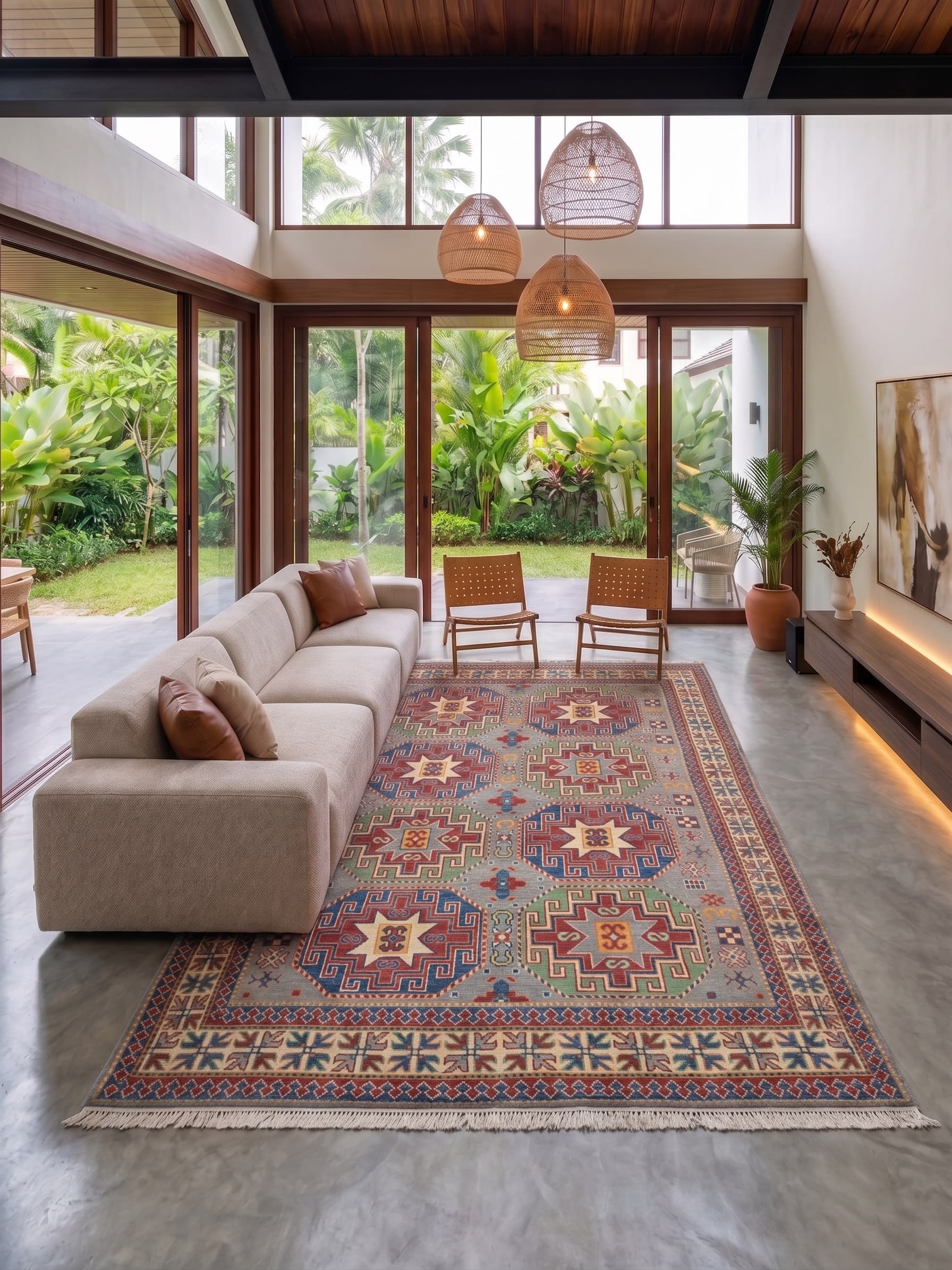 Kazak Medallion Star Grey, Caucasian Kazak, Afghanistan (revival weaving) tribal rug, in slate grey, Wool, 171x244 cm, Nasim Carpets Malaysia — view 2
