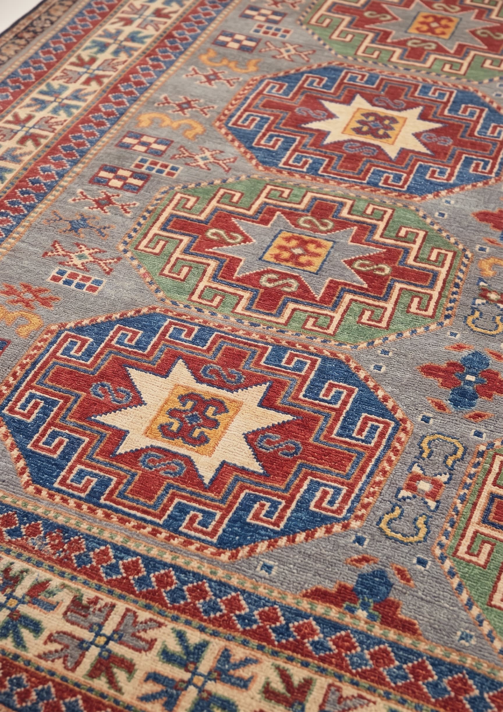 Kazak Medallion Star Grey, Caucasian Kazak, Afghanistan (revival weaving) tribal rug, in slate grey, Wool, 171x244 cm, Nasim Carpets Malaysia — view 3