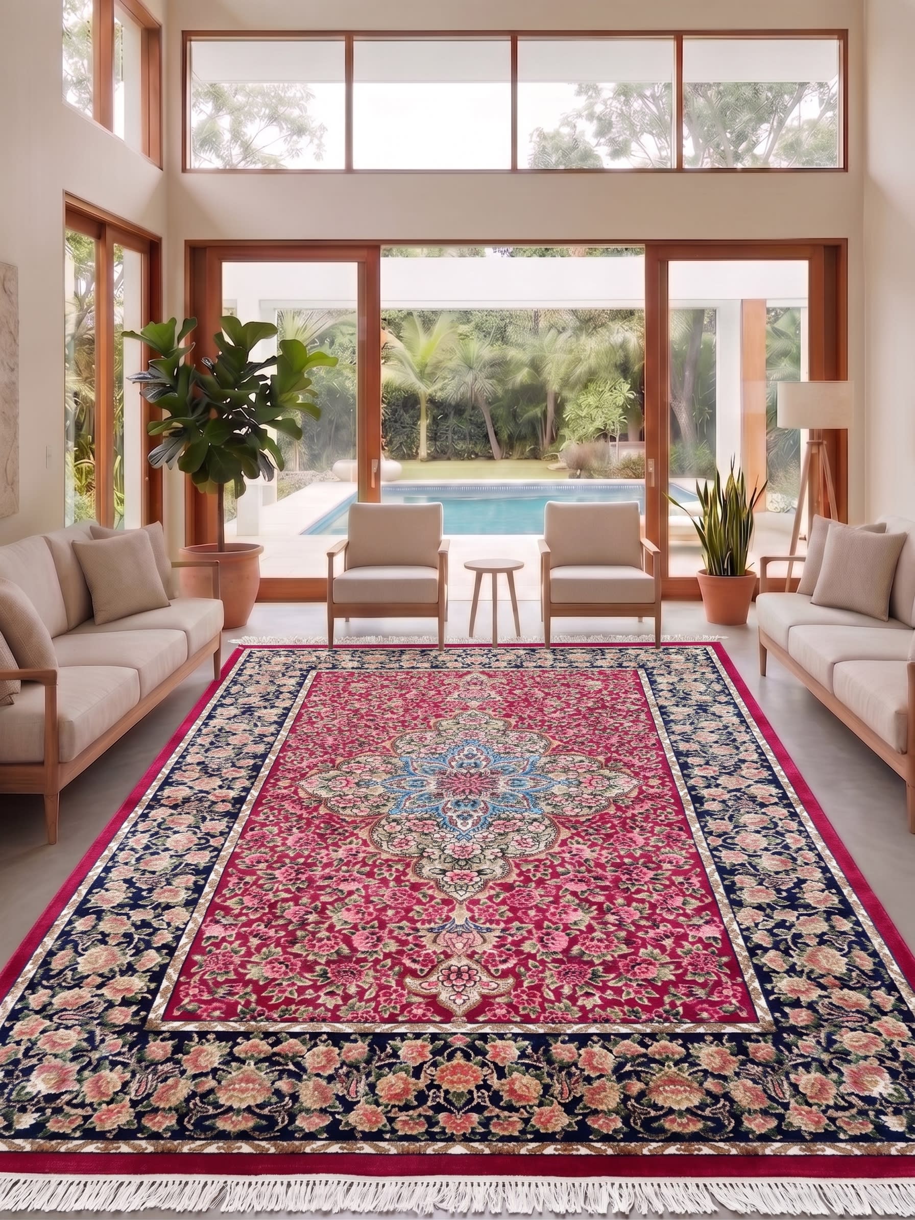 Qum Medallion Floral Crimson, Qum (Qom), Iran bespoke rug, in crimson red, Jute, 91x152 cm, Nasim Carpets Malaysia — view 2