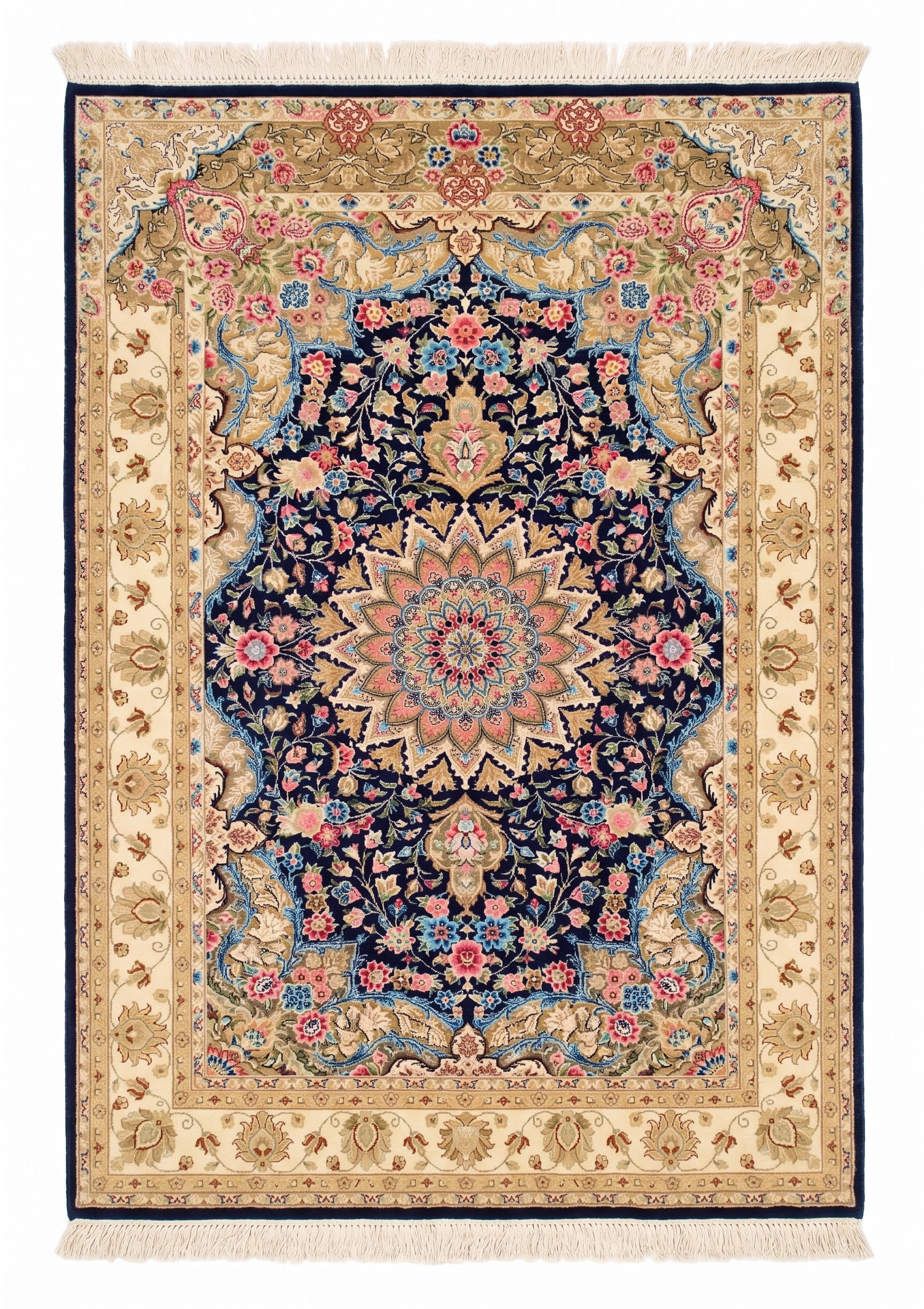 Qum Medallion Floral Navy, Qum (Qom), Iran bespoke rug, in midnight navy, Jute, 91x152 cm, Nasim Carpets Malaysia — view 1
