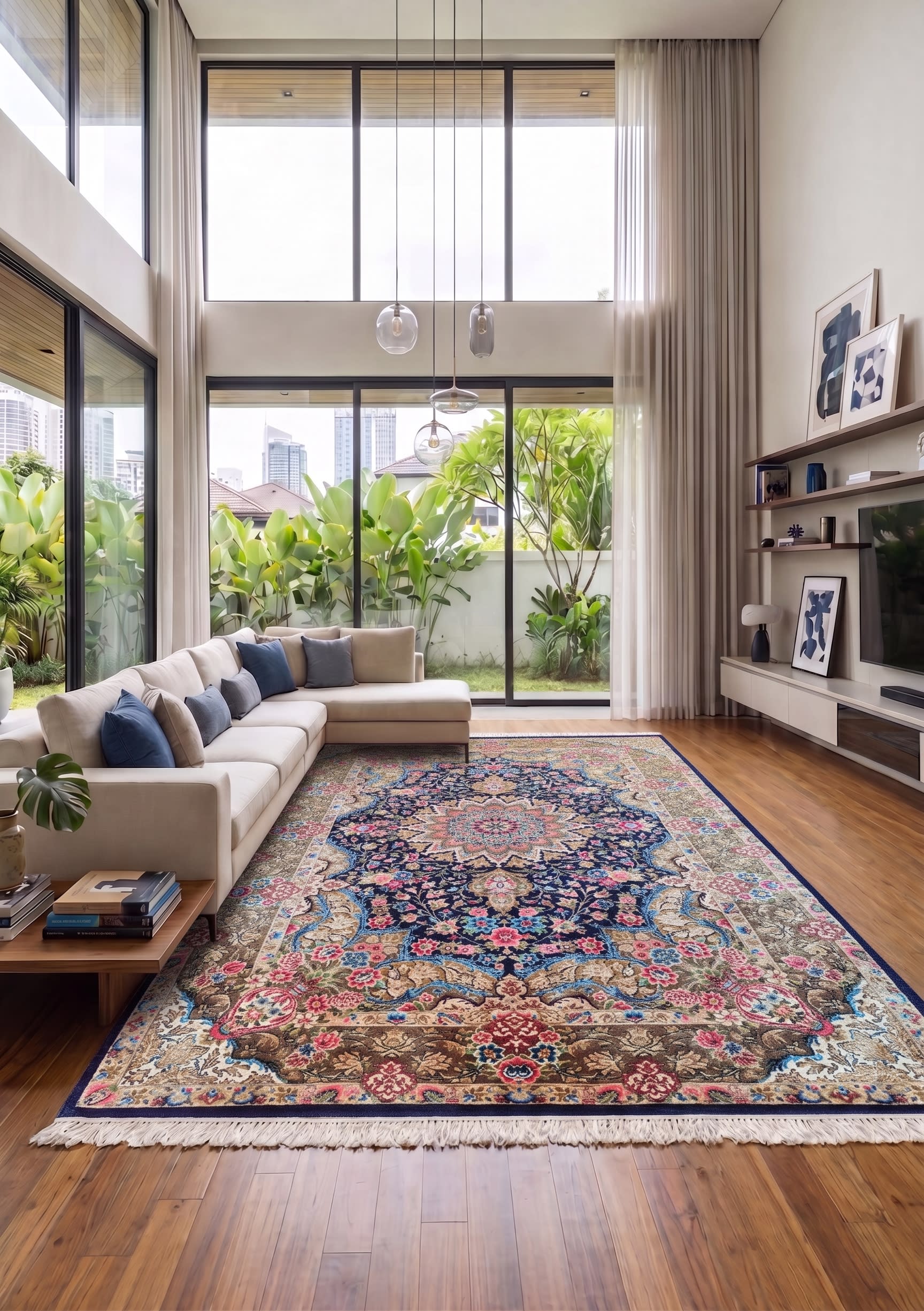 Qum Medallion Floral Navy, Qum (Qom), Iran bespoke rug, in midnight navy, Jute, 91x152 cm, Nasim Carpets Malaysia — view 2
