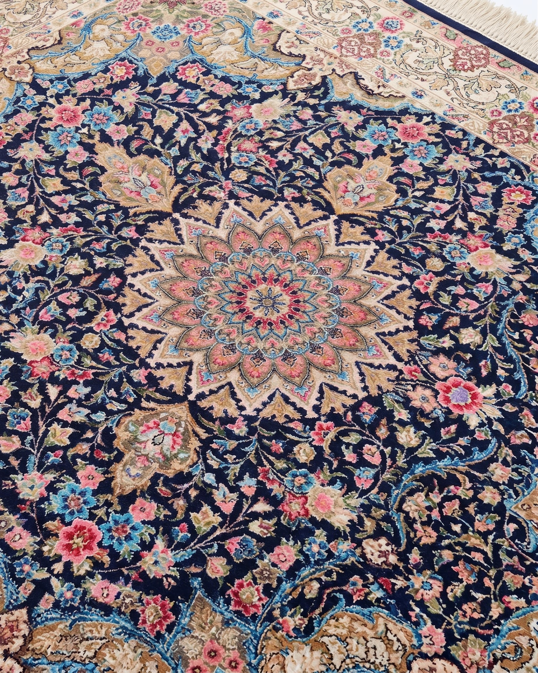 Qum Medallion Floral Navy, Qum (Qom), Iran bespoke rug, in midnight navy, Jute, 91x152 cm, Nasim Carpets Malaysia — view 3