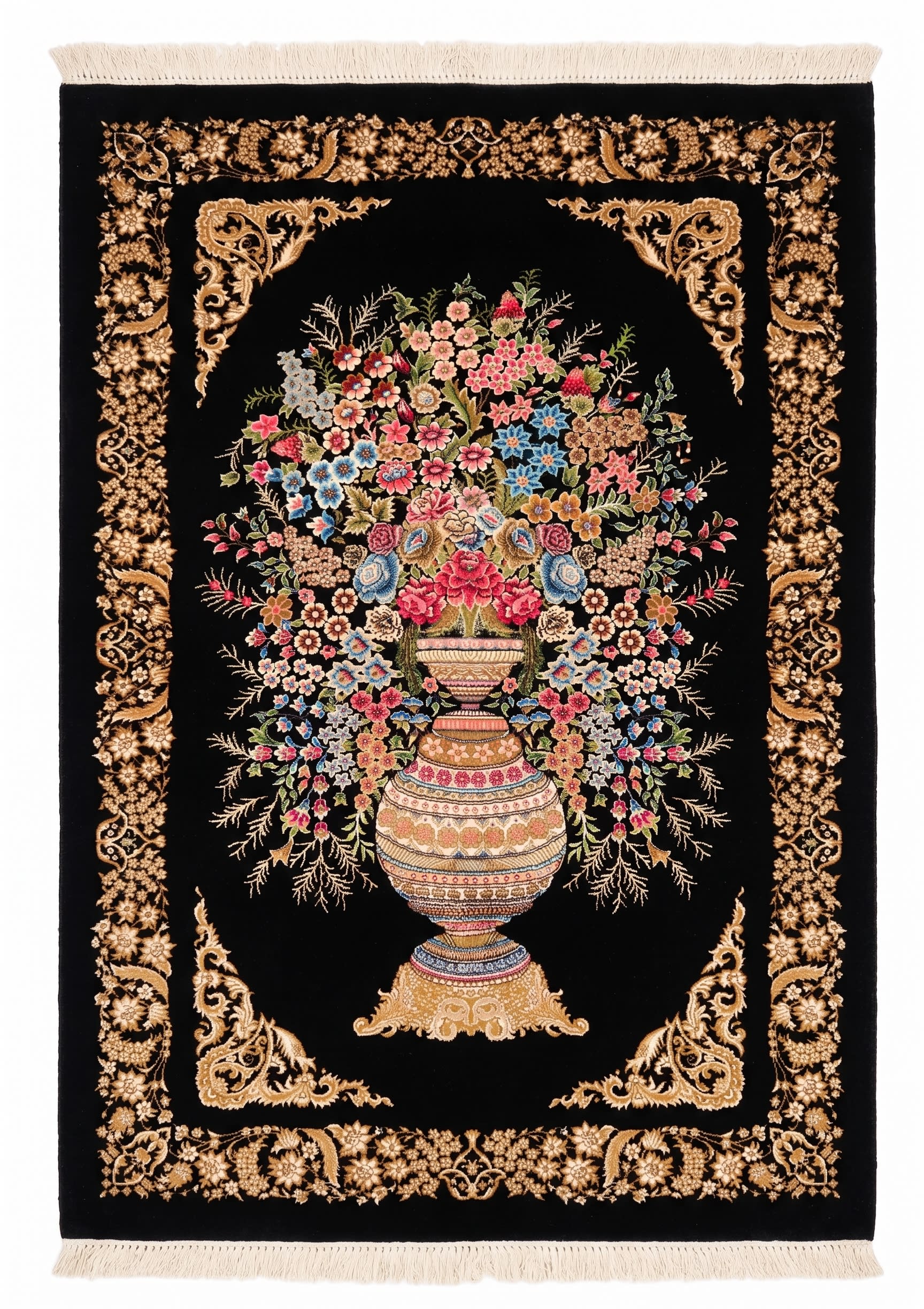 Isfahan Vase Bouquet Black, Isfahan, Iran bespoke rug, in jet black, Jute, 91x152 cm, Nasim Carpets Malaysia — view 1