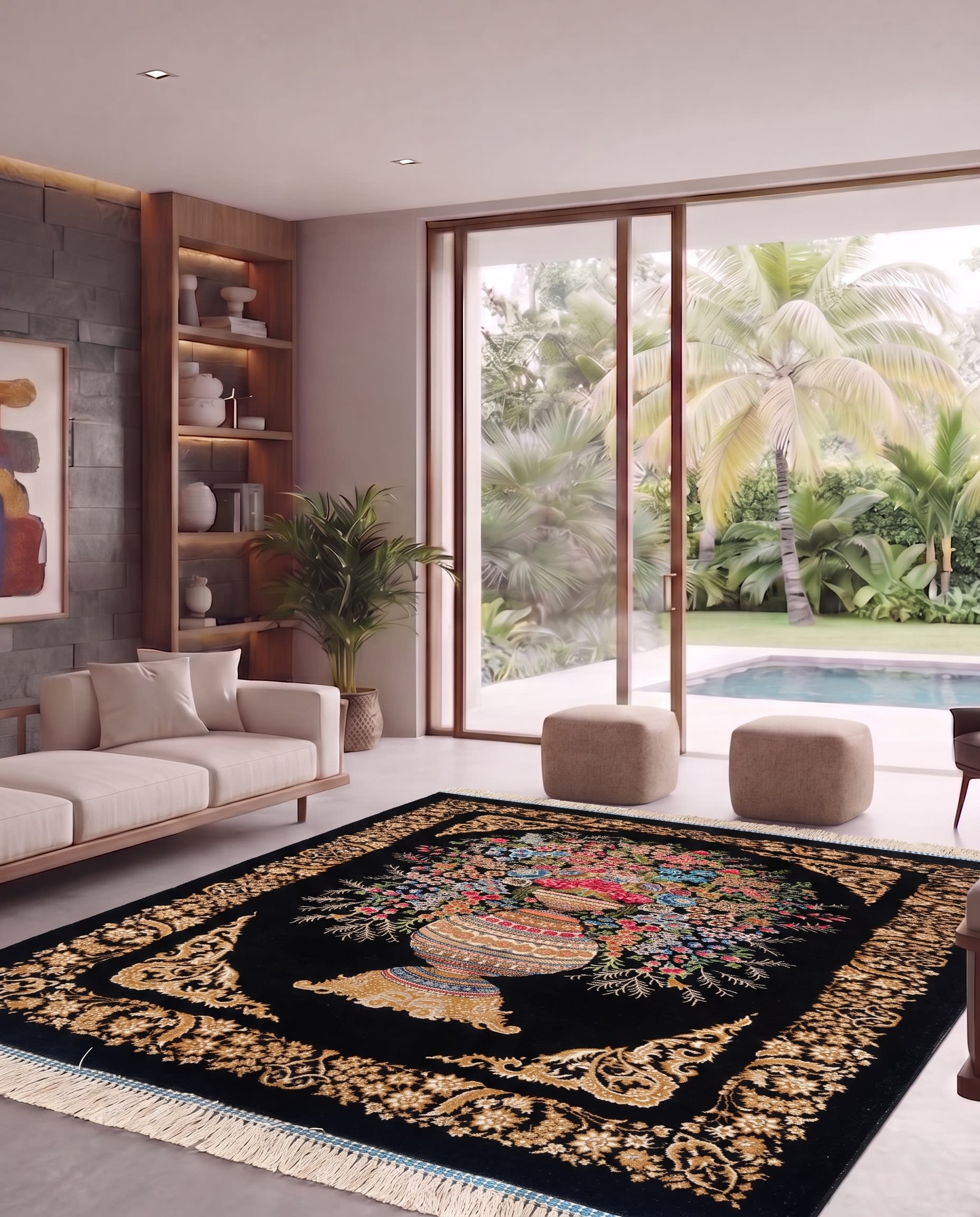 Isfahan Vase Bouquet Black, Isfahan, Iran bespoke rug, in jet black, Jute, 91x152 cm, Nasim Carpets Malaysia — view 2