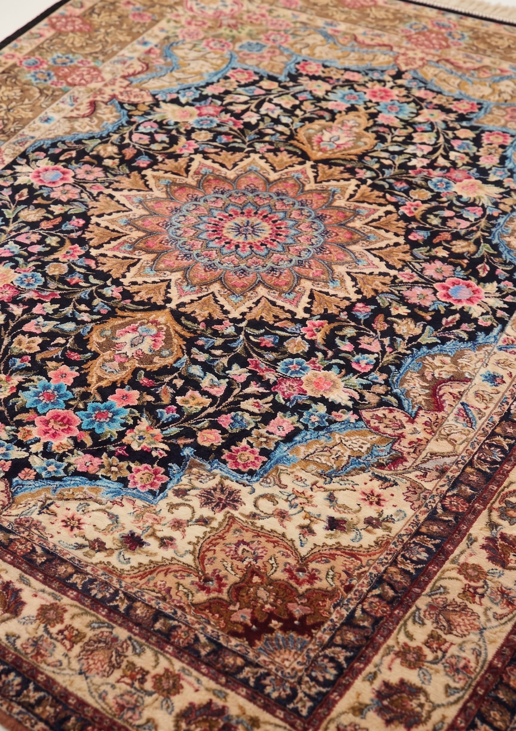 Qom Medallion Floral Black, Qom (Qum), Iran bespoke rug, in midnight black, Jute, 91x152 cm, Nasim Carpets Malaysia — view 3
