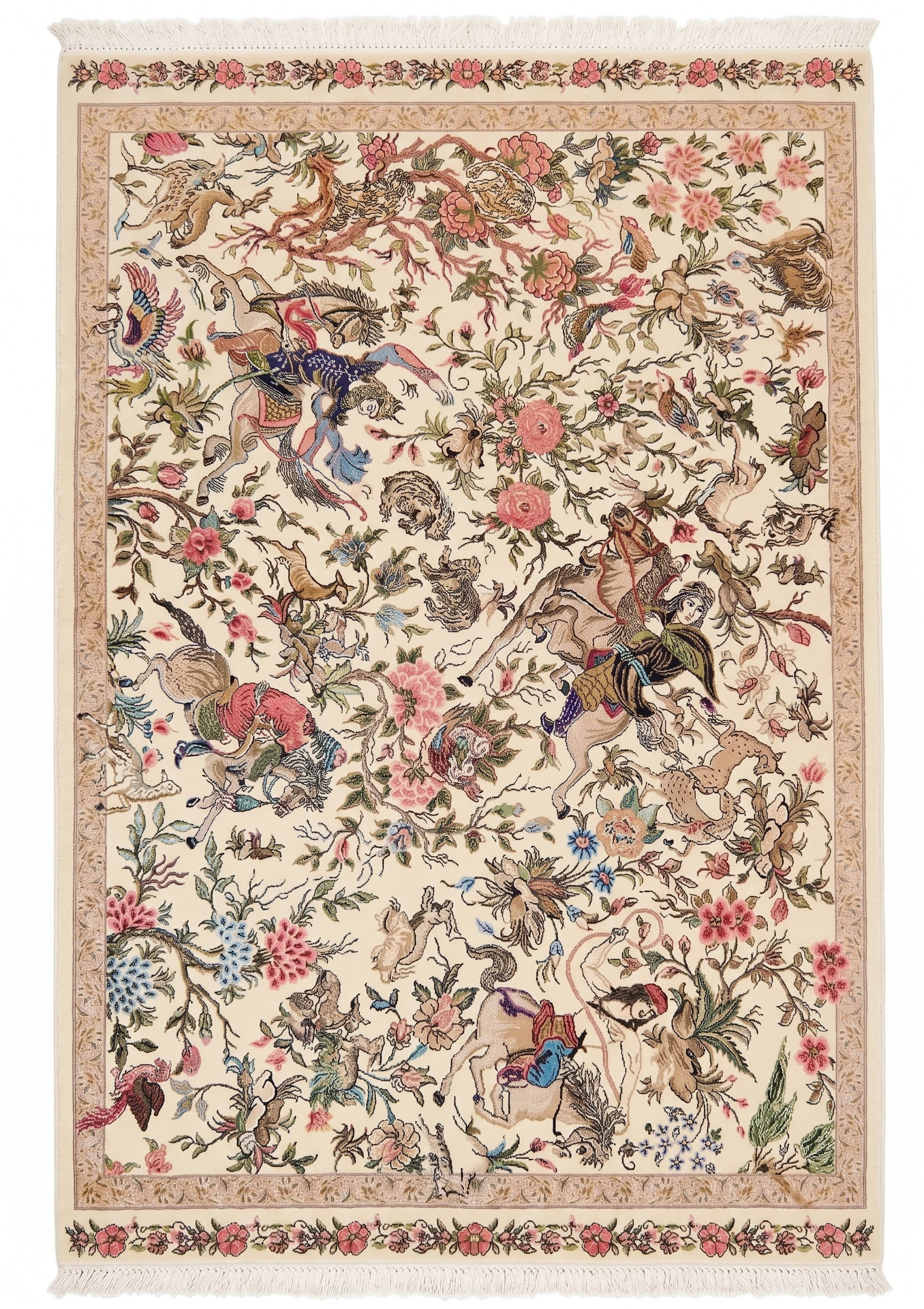 Isfahan Hunting Scene Ivory, Isfahan, Iran bespoke rug, in antique ivory, Jute, 91x152 cm, Nasim Carpets Malaysia — view 1