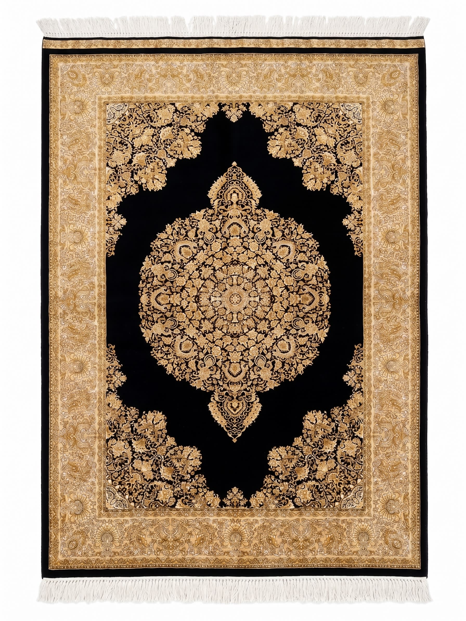 Qum Medallion Black Gold, Qum, Iran bespoke rug, in midnight black, Jute, 91x152 cm, Nasim Carpets Malaysia — view 1