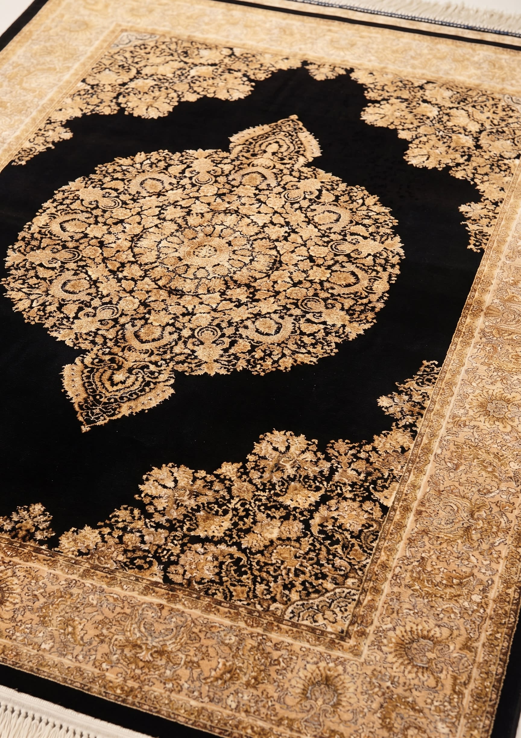 Qum Medallion Black Gold, Qum, Iran bespoke rug, in midnight black, Jute, 91x152 cm, Nasim Carpets Malaysia — view 3