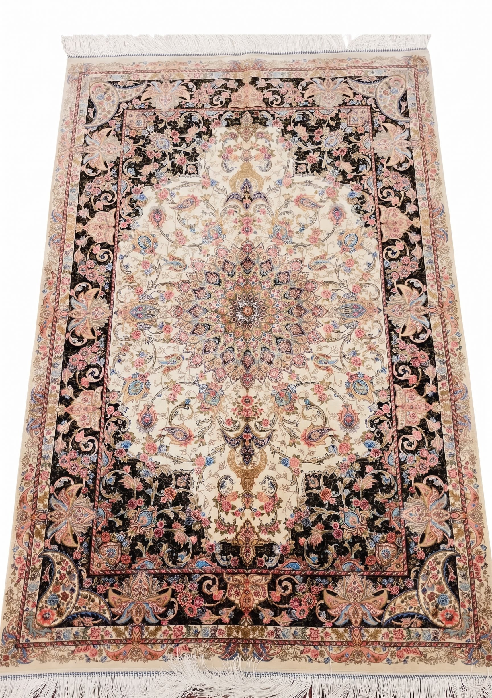 Tabriz Medallion Floral Ivory Black, Tabriz, Iran bespoke rug, in ivory cream, Jute, 91x152 cm, Nasim Carpets Malaysia — view 1