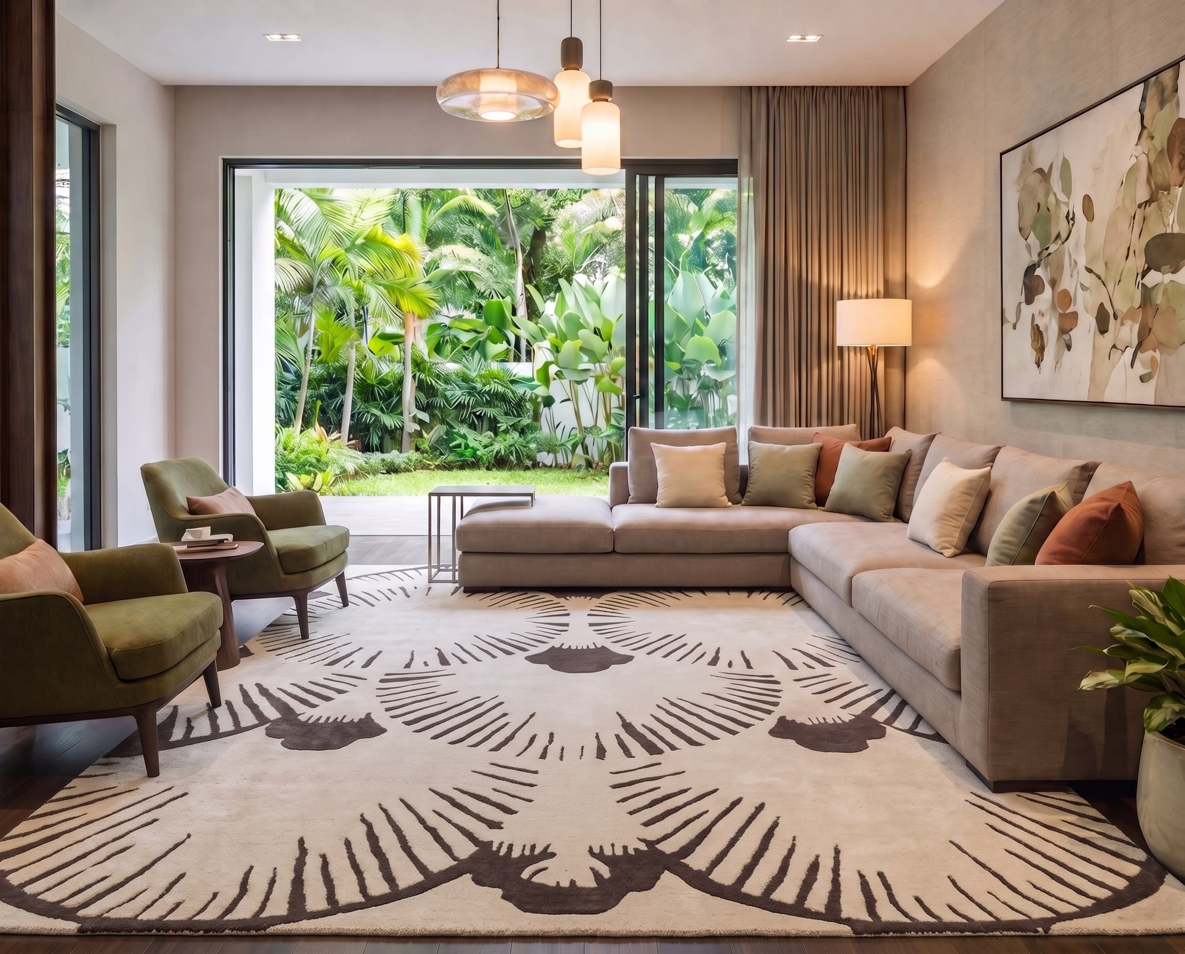 Contemporary Fan Medallion Ivory Taupe, India (Contemporary Designer, likely Jaipur) bespoke rug, in ivory, Wool, 91x152 cm, Nasim Carpets Malaysia — view 2