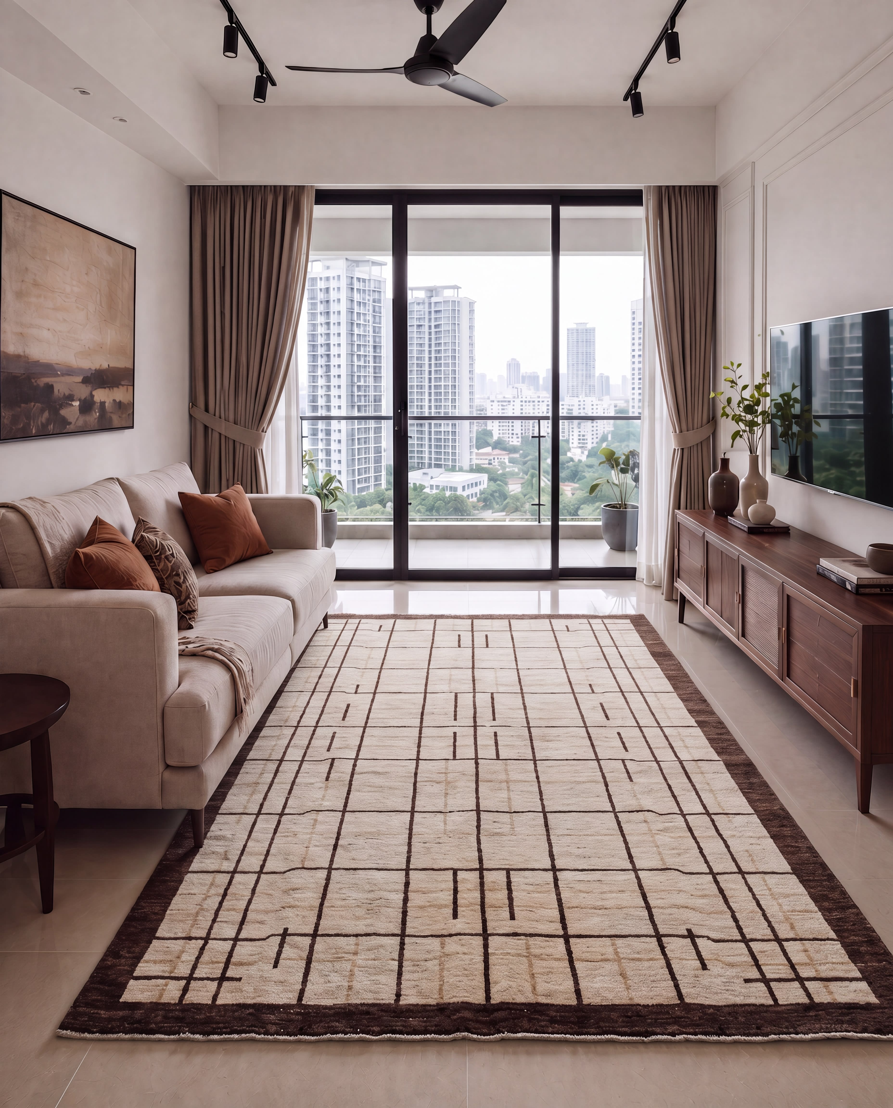 Kazak Linear Grid Ivory, Kazakhstan modern rug, in warm ivory, Wool, 183x274 cm, Nasim Carpets Malaysia — view 2