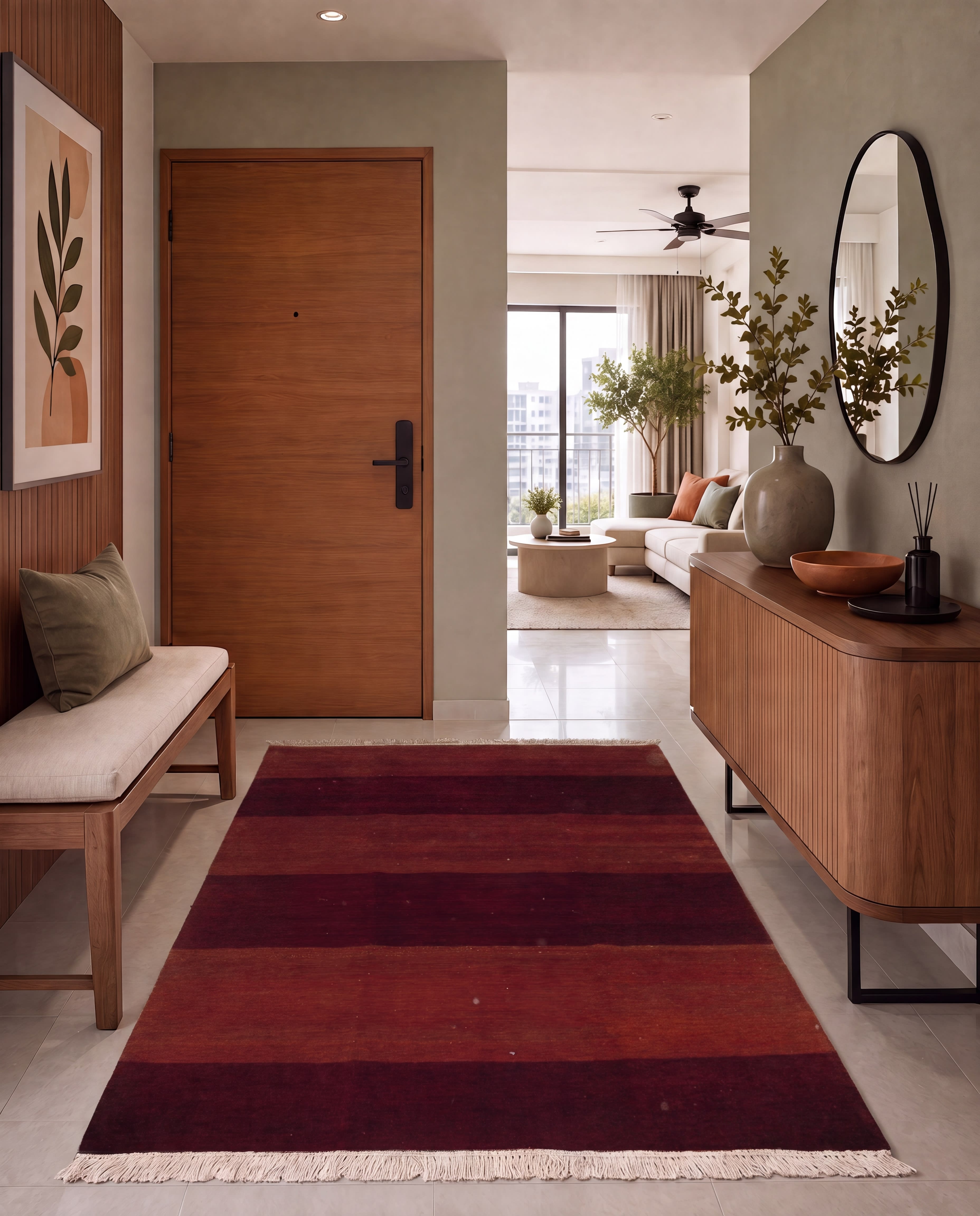 Indo-Gabbeh Stripe Burgundy, Indo-Gabbeh, India (inspired by Lori-Qashqai Gabbeh tradition, Iran) modern rug, in burgundy, Wool, 131x195 cm, Nasim Carpets Malaysia — view 2