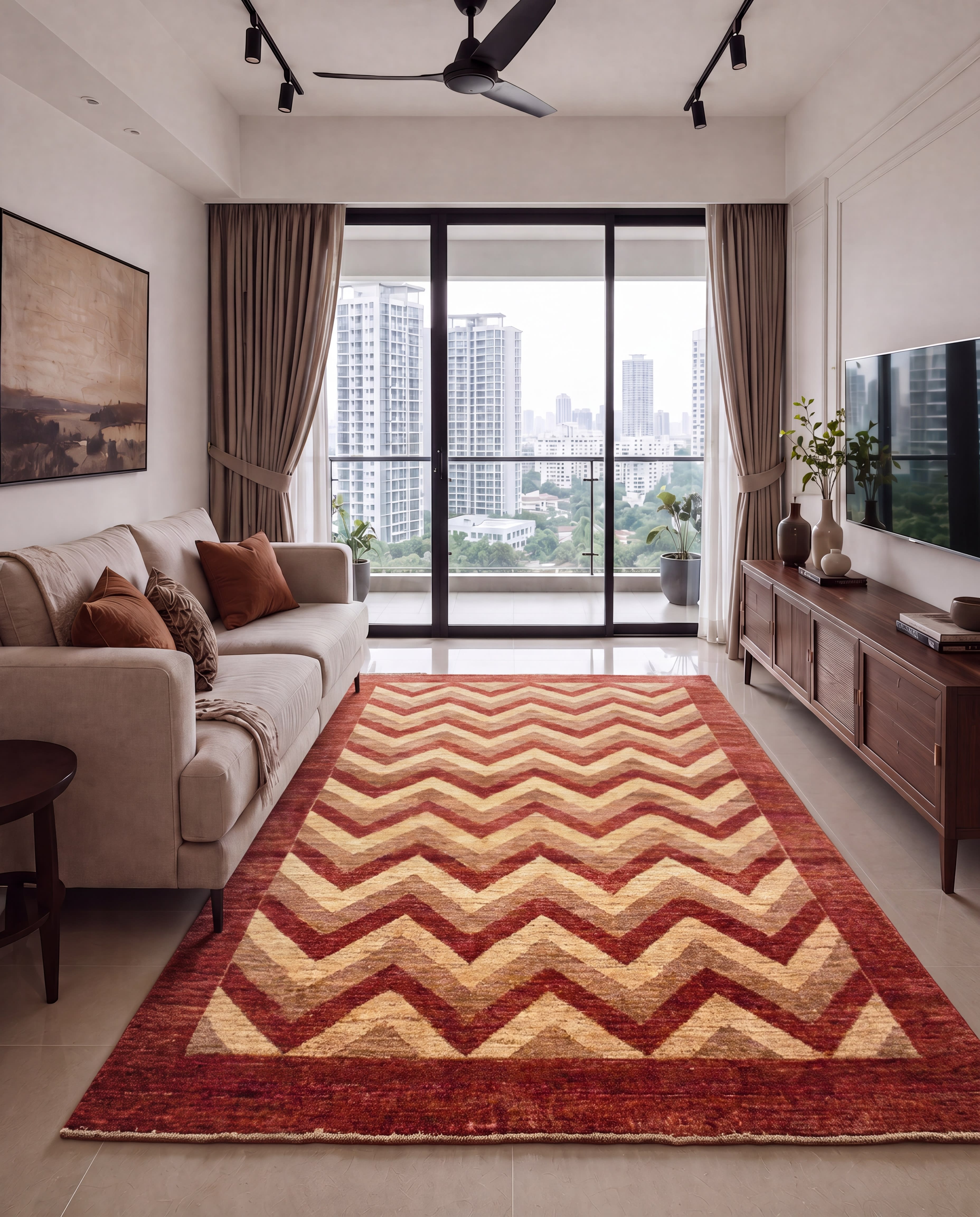Gabbeh Chevron Wave Rust, Qashqai or Luri tribal region, Fars Province, Iran modern rug, in madder rust, Wool, 183x244 cm, Nasim Carpets Malaysia — view 2