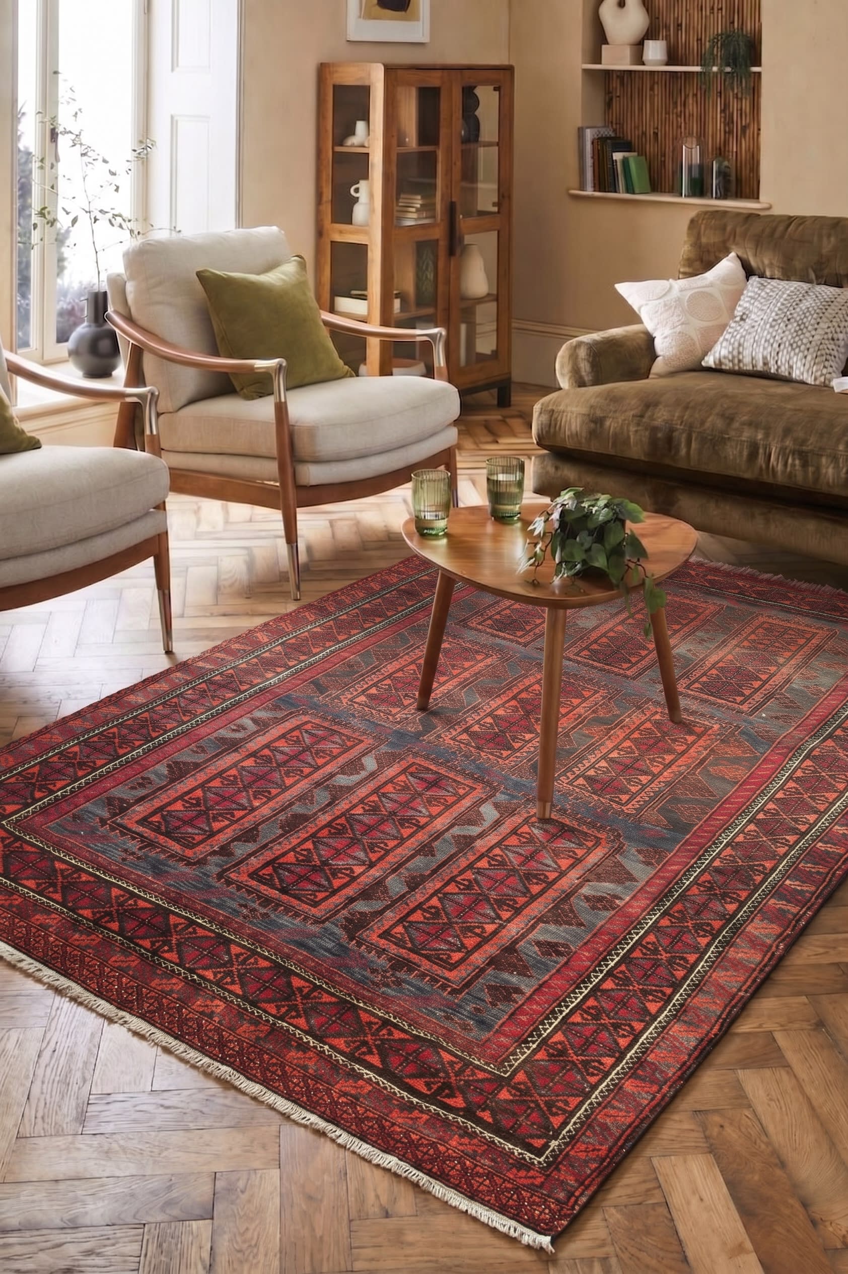 Baluch Compartmental Red, Baluchistan, Afghanistan/Iran border region persian rug, in madder red, Wool, 152x244 cm, Nasim Carpets Malaysia — view 2