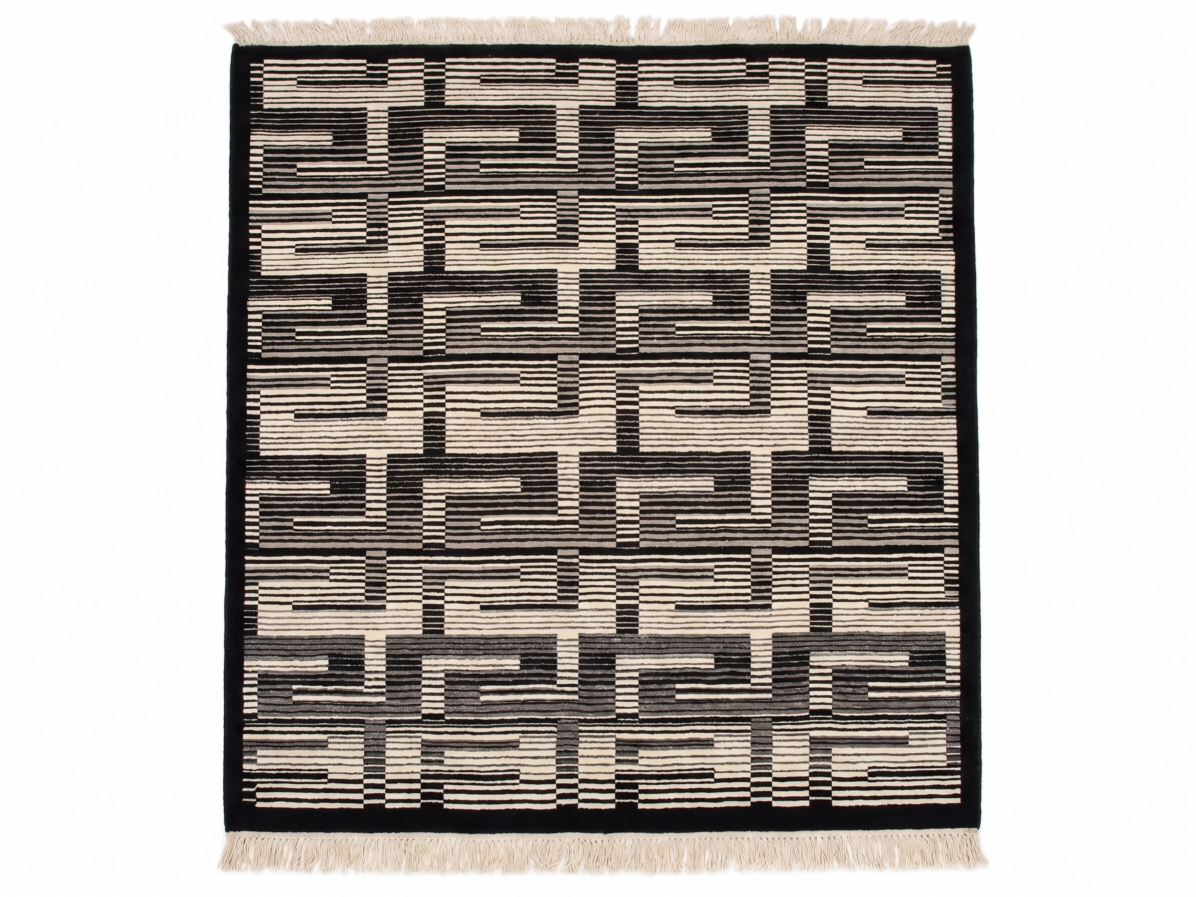 Nepali Abstract Brick Ivory Black, Nepal (Kathmandu Valley workshop tradition) modern rug, in ivory, Wool, 244x305 cm, Nasim Carpets Malaysia — view 1