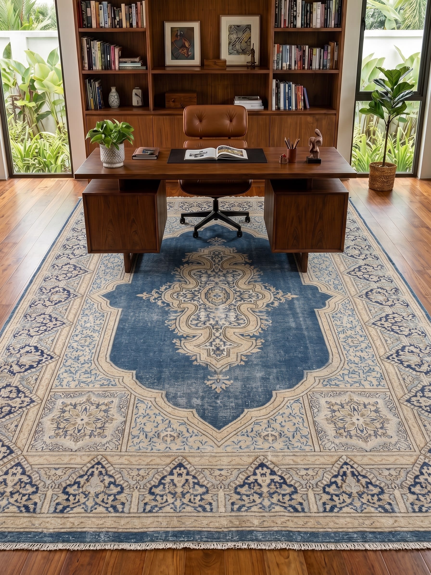 Kerman Medallion Ivory Blue, Kerman, Iran persian rug, in steel blue, Wool, 244x305 cm, Nasim Carpets Malaysia — view 2