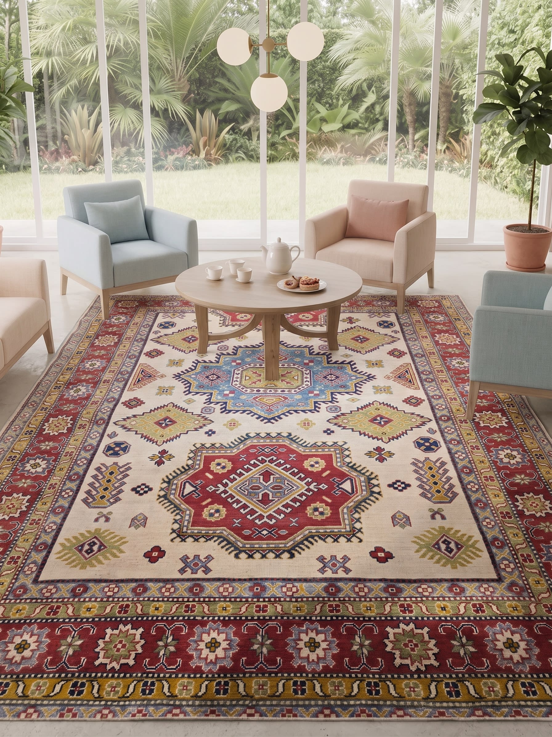 Kazak Medallion Ivory, Kazak, Caucasus / Afghan Kazak (contemporary production) tribal rug, in ivory, Wool, 201x277, Nasim Carpets Malaysia — view 2