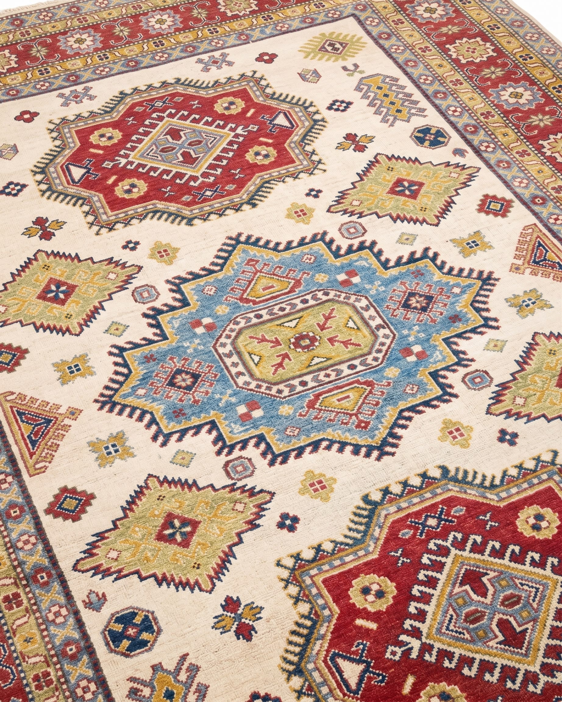 Kazak Medallion Ivory, Kazak, Caucasus / Afghan Kazak (contemporary production) tribal rug, in ivory, Wool, 201x277, Nasim Carpets Malaysia — view 3