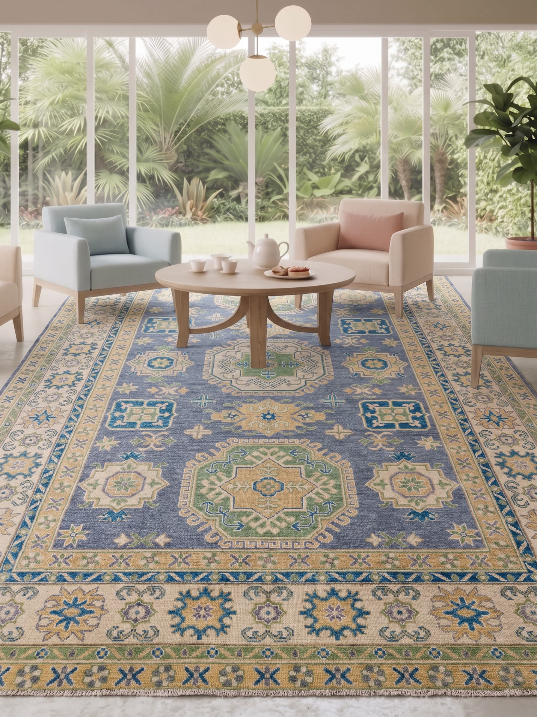 Kazak Medallion Slate Blue, Kazak, Caucasus (Afghan-woven in Caucasian Kazak tradition) tribal rug, in slate blue, Wool, 201x302, Nasim Carpets Malaysia — view 2