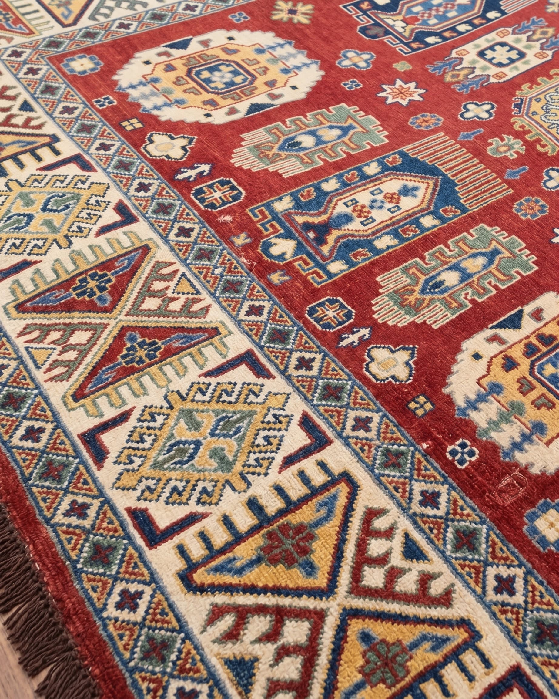 Kazak All-Over Medallion Red, Kazak, Caucasus (Afghan-woven in the Caucasian Kazak tradition) tribal rug, in madder red, Wool, 201x299, Nasim Carpets Malaysia — view 3