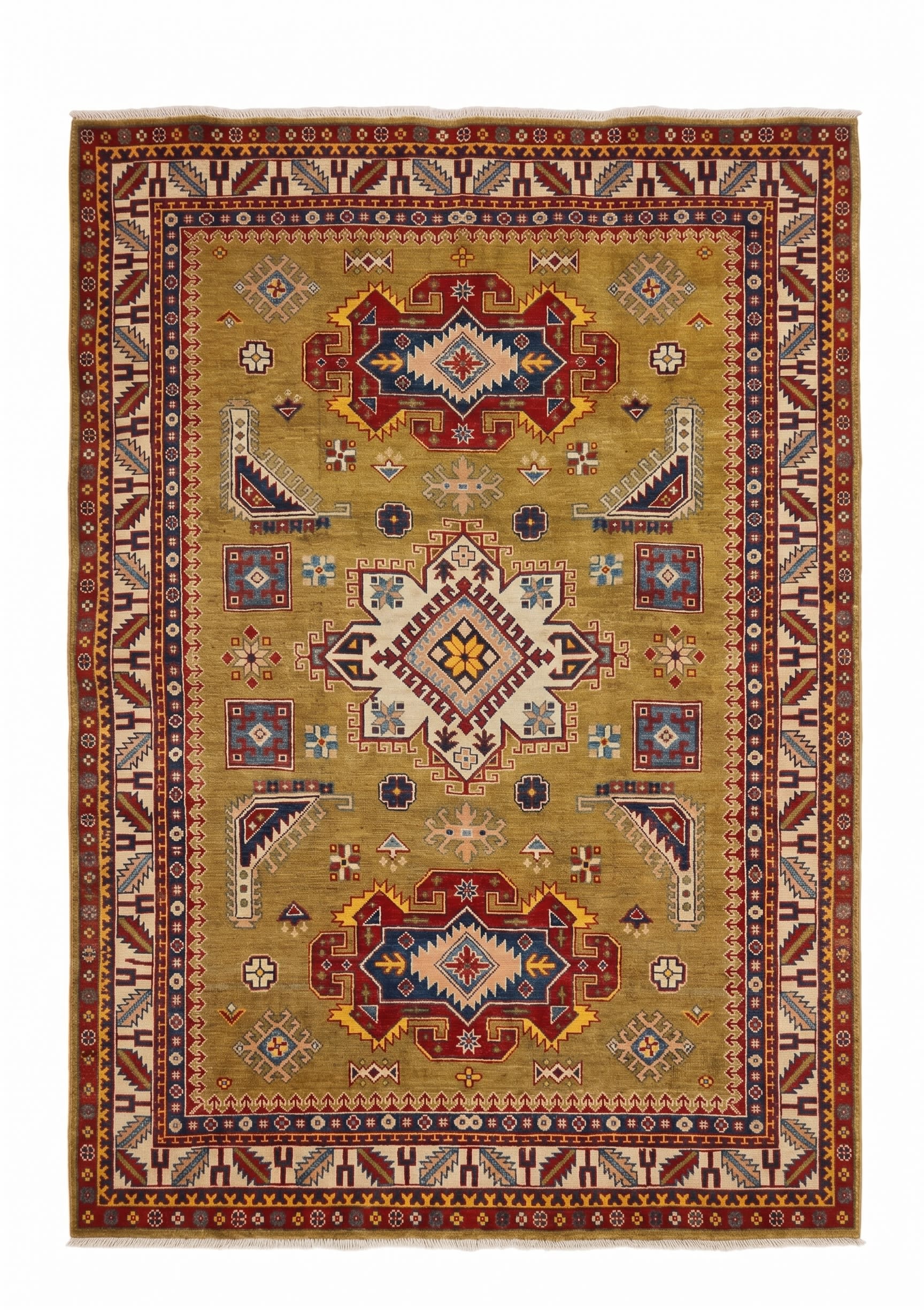 Kazak Medallion Olive Gold, Kazak, Afghanistan (Afghan-Kazak) tribal rug, in olive gold, Wool, 180x244, Nasim Carpets Malaysia — view 1