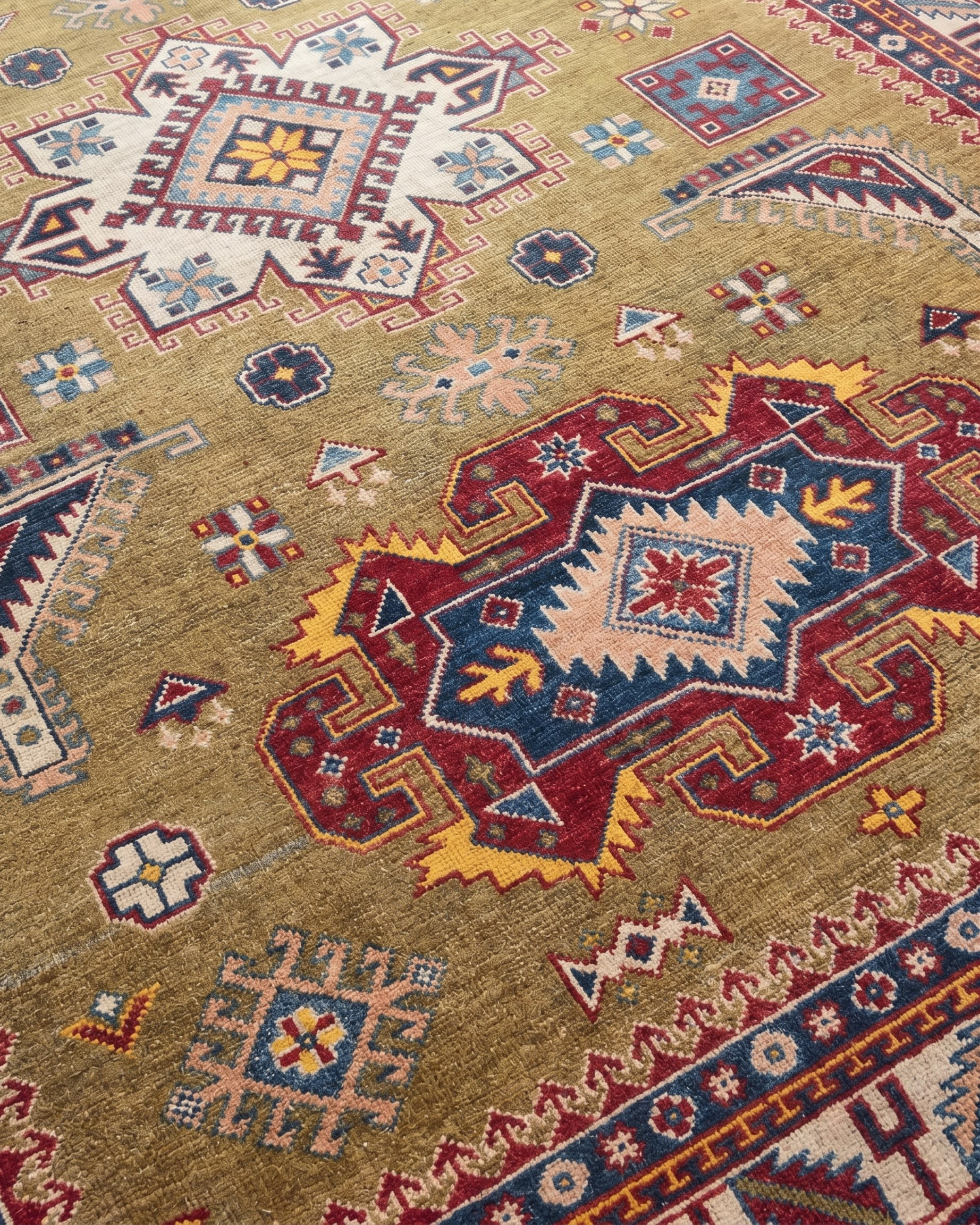 Kazak Medallion Olive Gold, Kazak, Afghanistan (Afghan-Kazak) tribal rug, in olive gold, Wool, 180x244, Nasim Carpets Malaysia — view 3