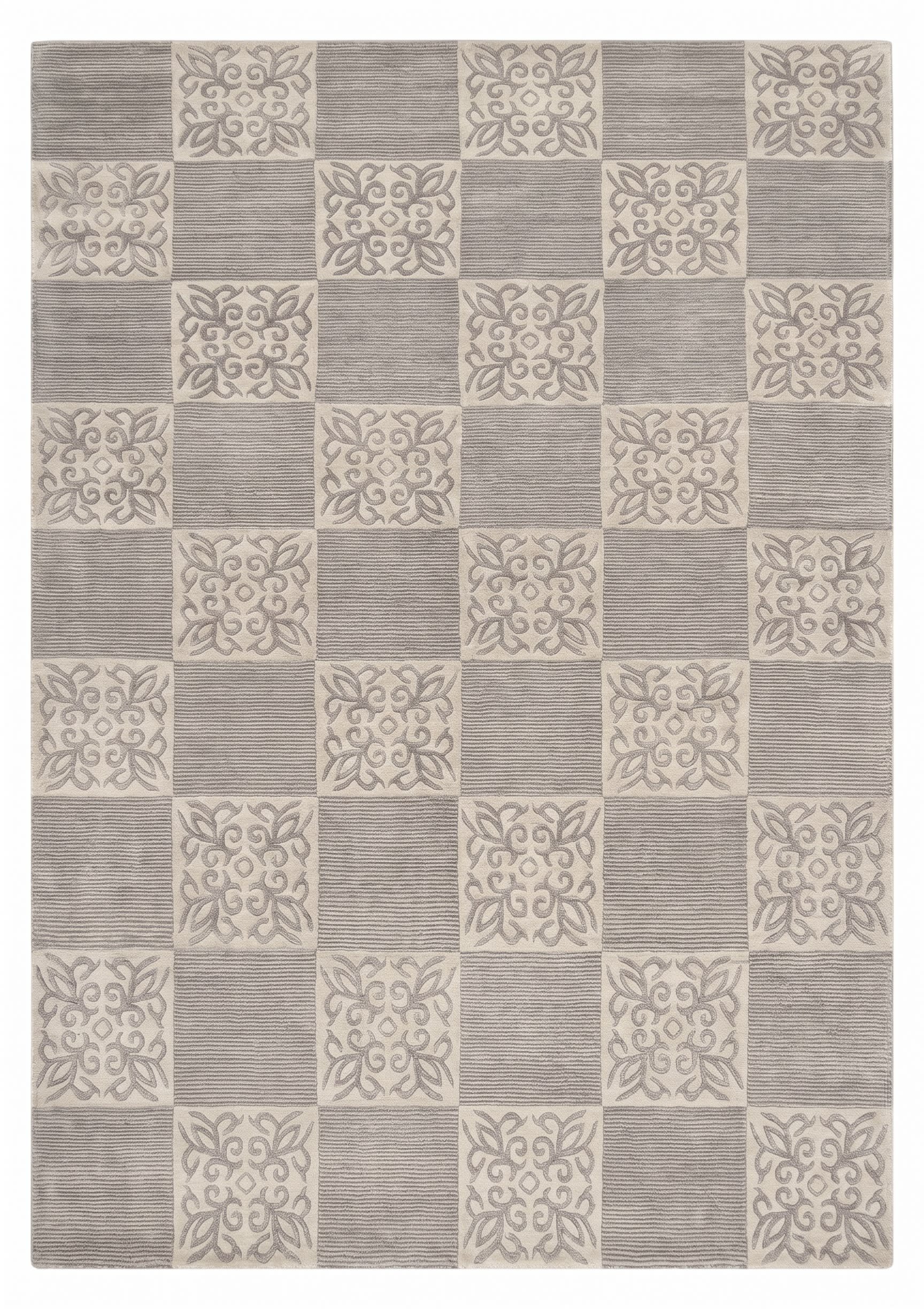 Tibetan Checkerboard Floral Silver, Tibet modern rug, in silver grey, Silk and Wool, 210x305, Nasim Carpets Malaysia — view 1