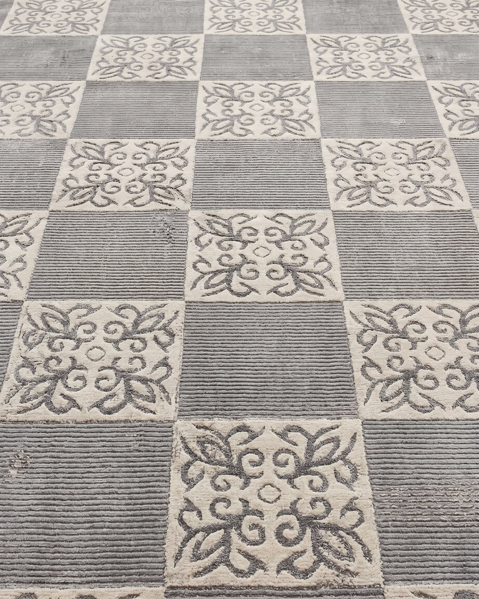 Tibetan Checkerboard Floral Silver, Tibet modern rug, in silver grey, Silk and Wool, 210x305, Nasim Carpets Malaysia — view 3