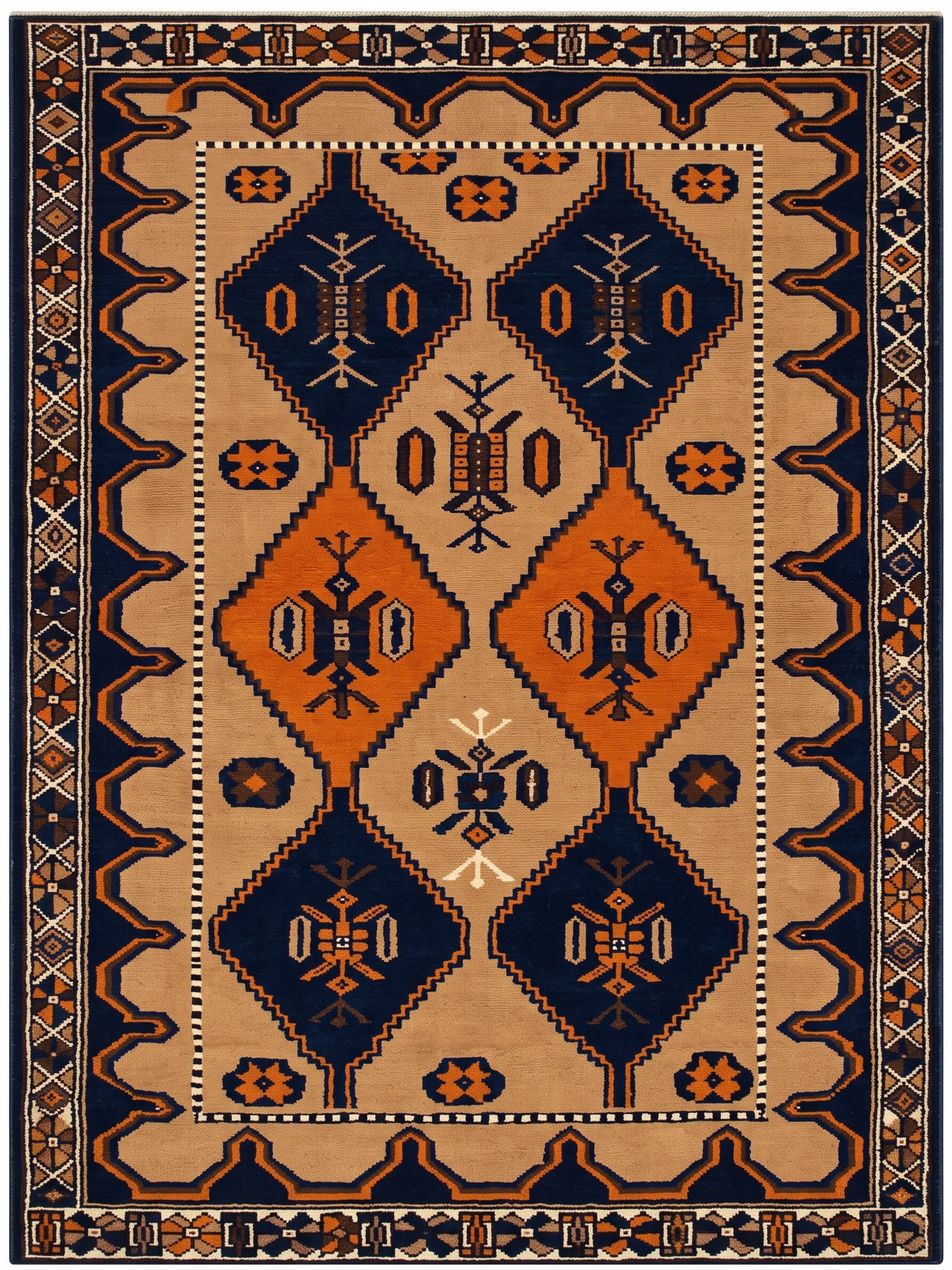 Baluch Geometric Diamond Navy Orange, Baluchistan, Afghanistan-Iran Border Region tribal rug, in burnt orange, Wool, 116x183, Nasim Carpets Malaysia — view 1