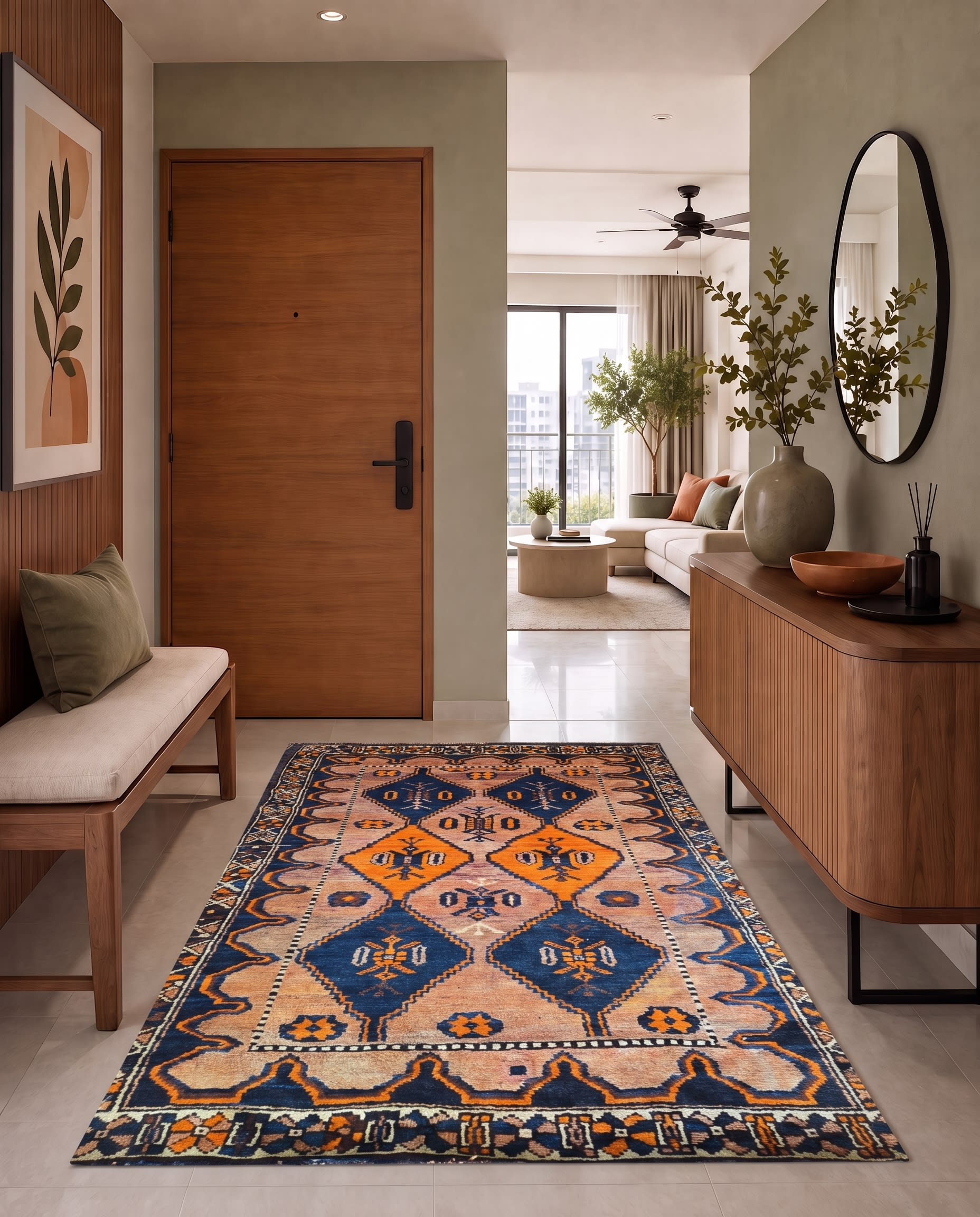 Baluch Geometric Diamond Navy Orange, Baluchistan, Afghanistan-Iran Border Region tribal rug, in burnt orange, Wool, 116x183, Nasim Carpets Malaysia — view 2